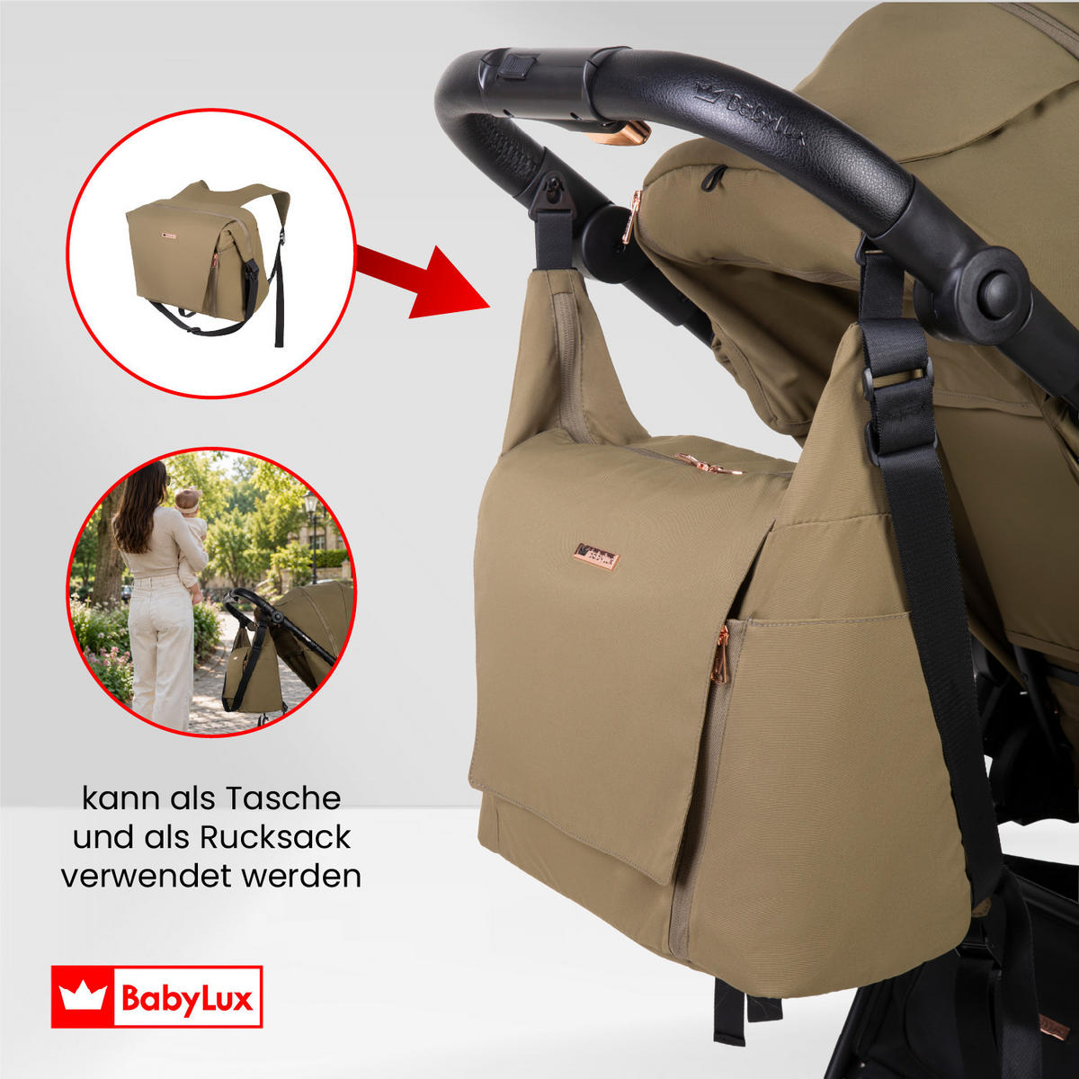 BUGGY Rombo, Klein und Leicht, Teleskopische Führung, Kompakt Faltbar, Wickeltasche, Reisetasche - Schwarz/Olivgrün, Textil/Metall (58/98cm) - BabyLux