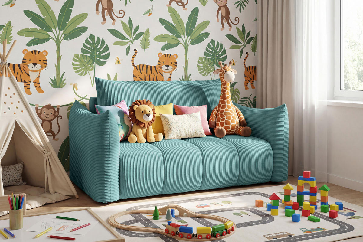 SCHLAFSOFA Lilo mit Bettkasten, Blau Cordstoff 120/86/101 cm - Blau/Schwarz, Kunststoff/Textil (120/86/101cm) - WFL GROUP