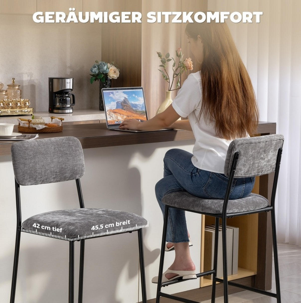 BARSTUHL 2er-Set mit Rückenlehne 45,5 x 48 x 101 cm Grau - Grau, Metall (45.5/101/48cm) - Meubliv
