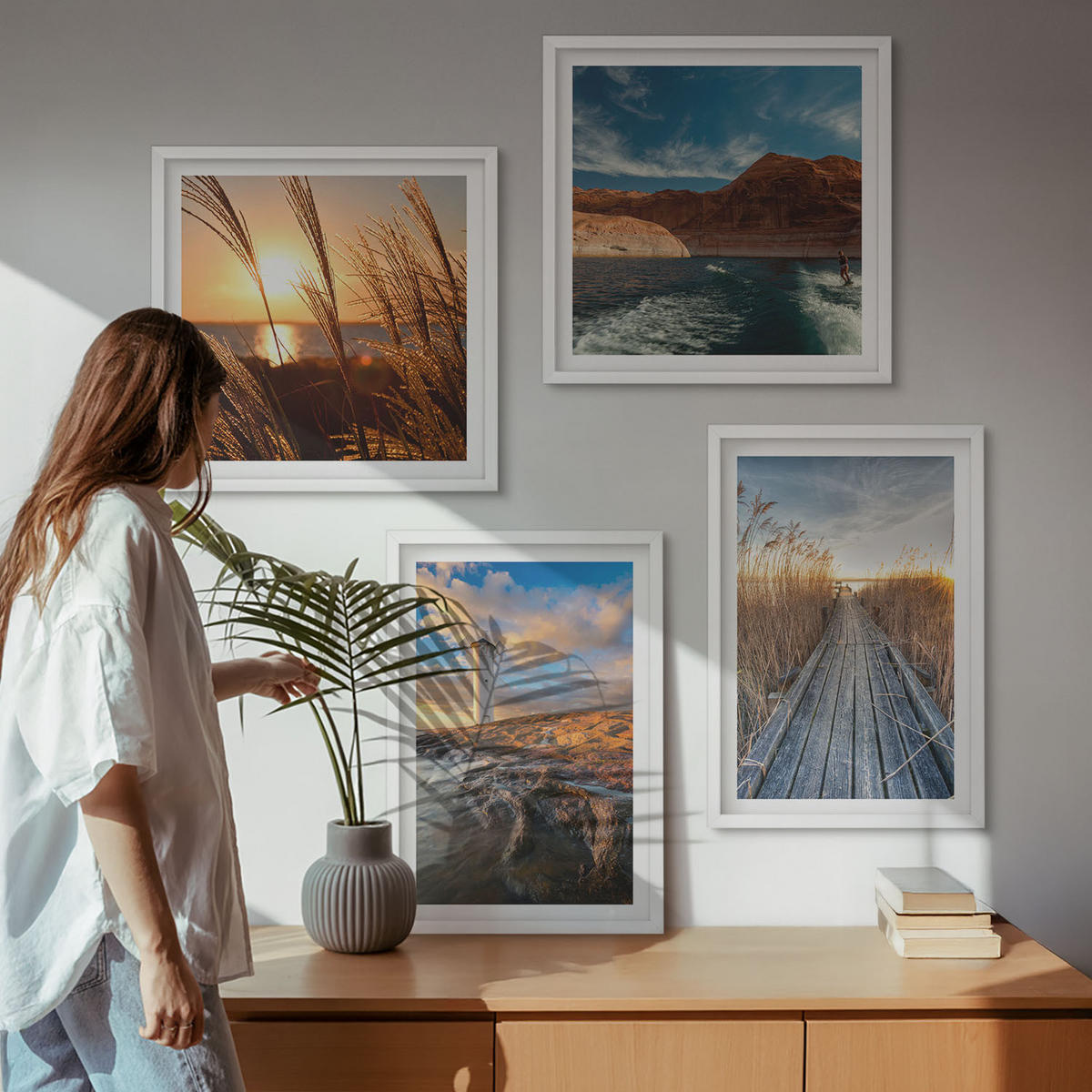 WANDBILDER 4er-Set - 50x50 cm & 40x60 cm Weißer Rahmen - Leuchtturm-Grassteg - Weiß, Kunststoff (50/50cm) - ArtPrintCave