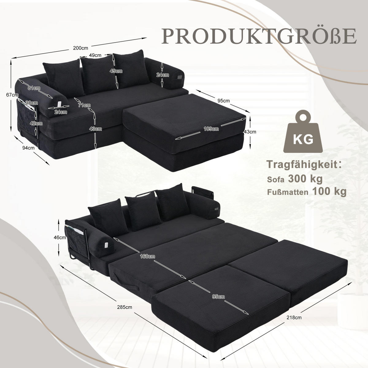 ECKSOFA aus Cord 200x190x67 cm Schwarz mit Hocker, Seitentasche und 3 Kissen - Schwarz, Textil (200/190cm) - Modfu