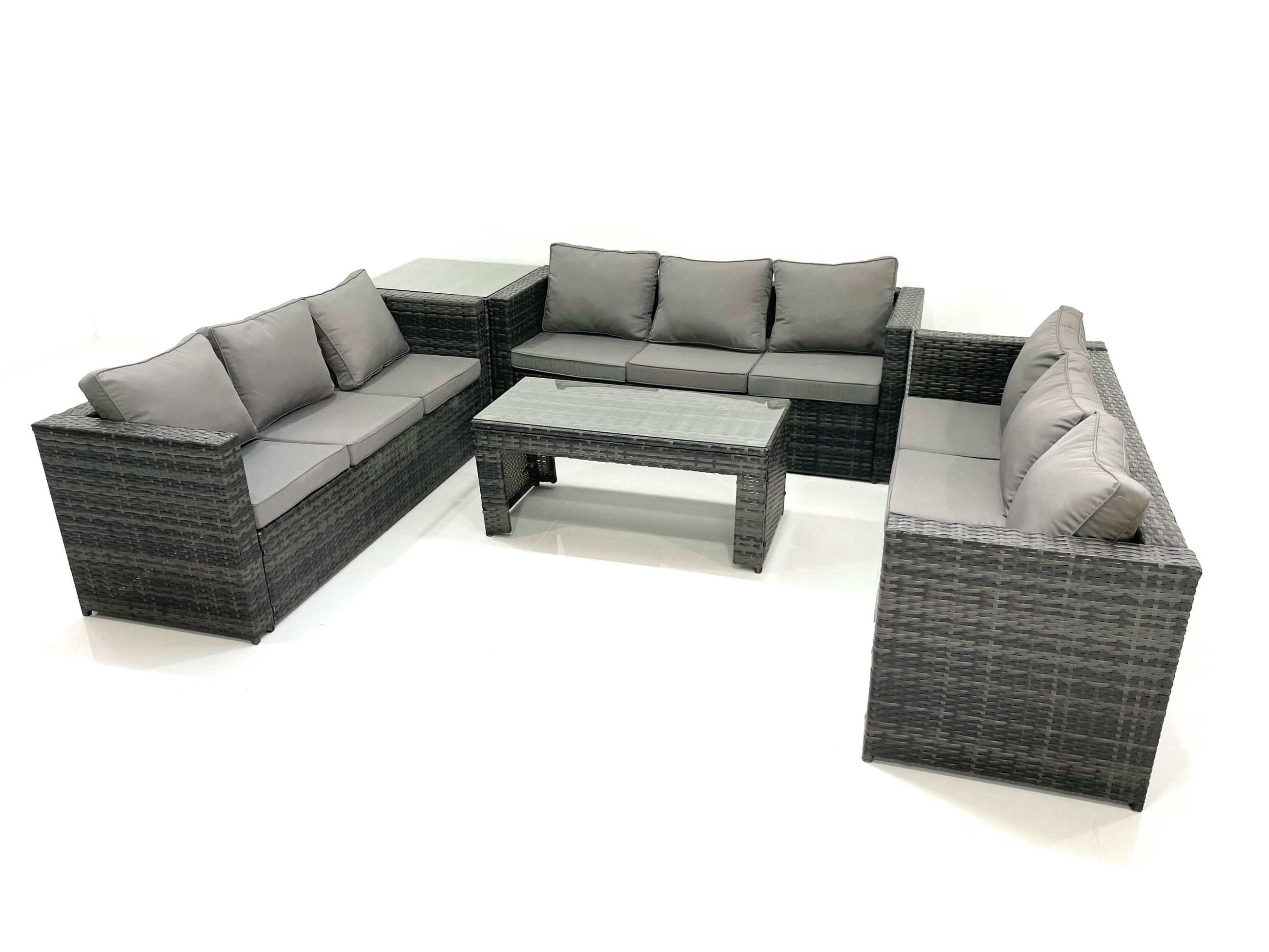GARTENMÖBEL COUCHTISCH SET mit Sofa Polyrattan Outdoor 9-Sitzer - Dunkelgrau/Grau, Glas/Kunststoff - Fimous
