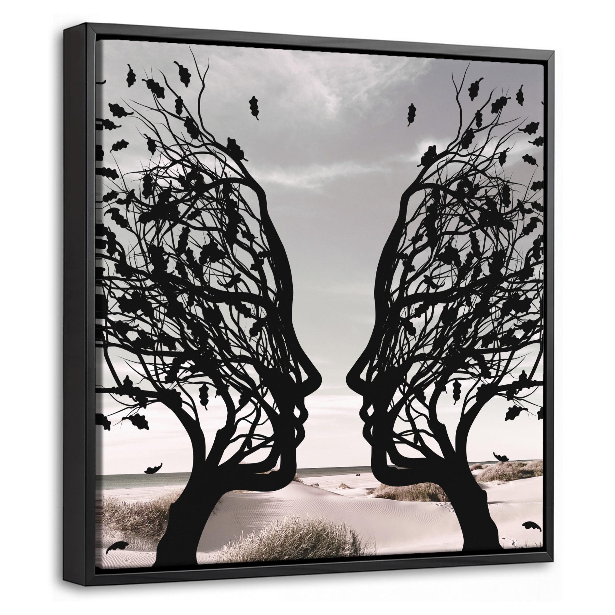 LEINWAND Bilder mit Rahmen - Strand - Meer - Menschen - Baum - Moderne Kunst - 20x20 - Hellgrau, Textil (20/20cm) - MuchoWow