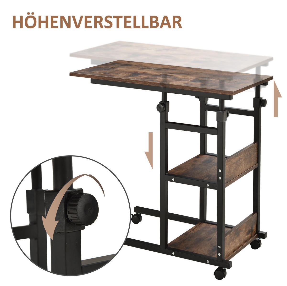 BEISTELLTISCH 80/40/72-82 cm Schwarz mit C-förmigem Design 2 Regale aus Metall - Braun, Metall (80/40/82cm) - OKWISH