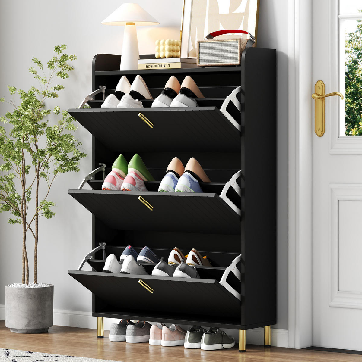 SCHUHSCHRANK aus MDF 80x23x123.5cm in Schwarz mit Anti-Kipp-Vorrichtung - Schwarz, Holzwerkstoff (80/123.5/23.5cm) - Modfu