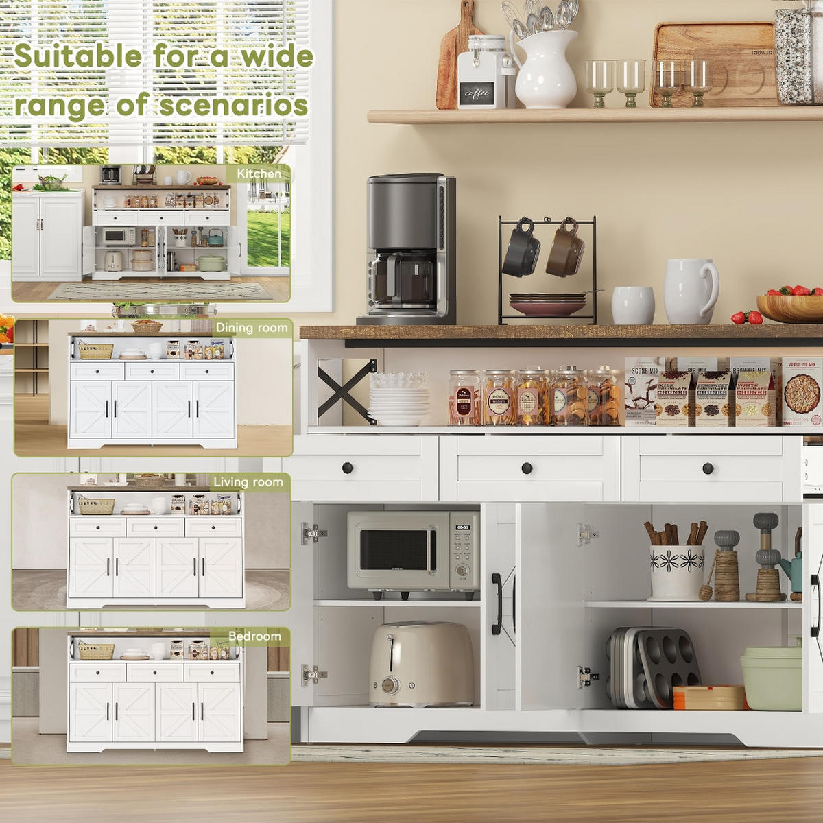 KÜCHENINSEL BUFFET-ANRICHTE mit 3 Schubladen und Türen, Landhausstil, Weiß-Braun, 140 cm - Braun, Kunststoff (35/95/140cm) - Rolipo