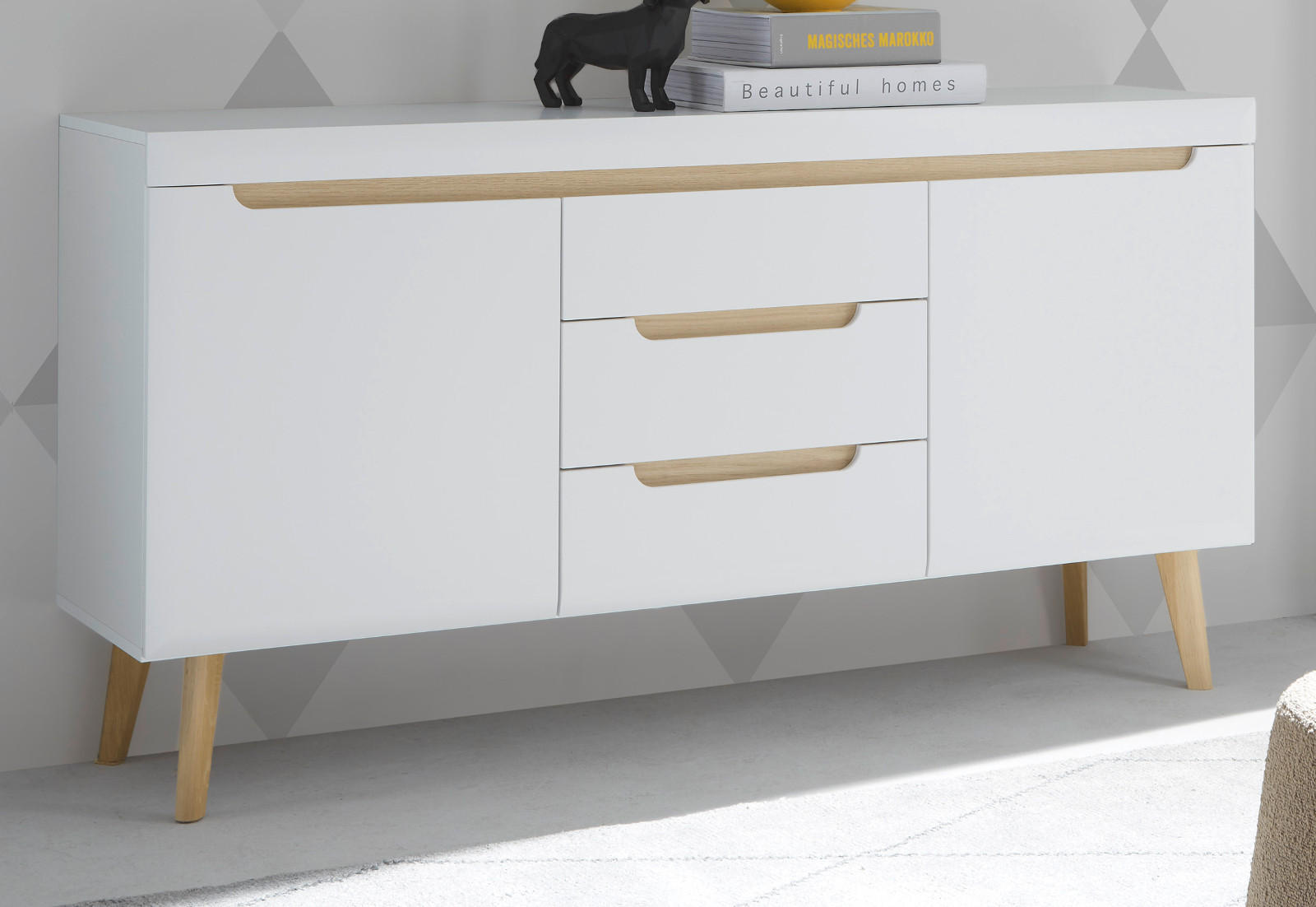 SIDEBOARD weiß matt, Eiche, skandinavisch 160 cm, Kommode mit Soft-Close-Funktion - Eichefarben/Weiß, Holz/Holzwerkstoff (160/83/40cm) - Furn.Design