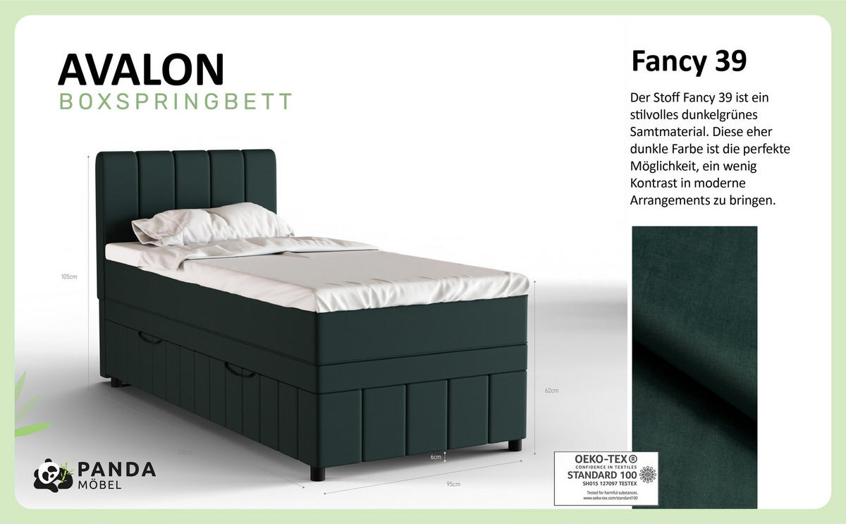 BOXBETT AVALON 90 x 200 cm mit Bettkasten und Topper - Dunkelgrün - Dunkelgrün, Holz - Panda Möbel