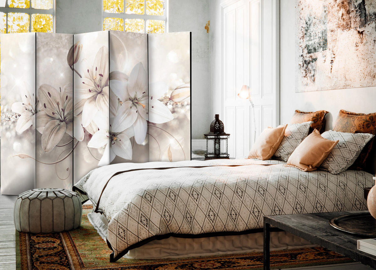 PARAVÁN Obojstranný 5-dielny 225x172 cm Biele Kvety Ľalie Abstrakcia - biela, drevo/textil (225/172/3cm) - Muralo