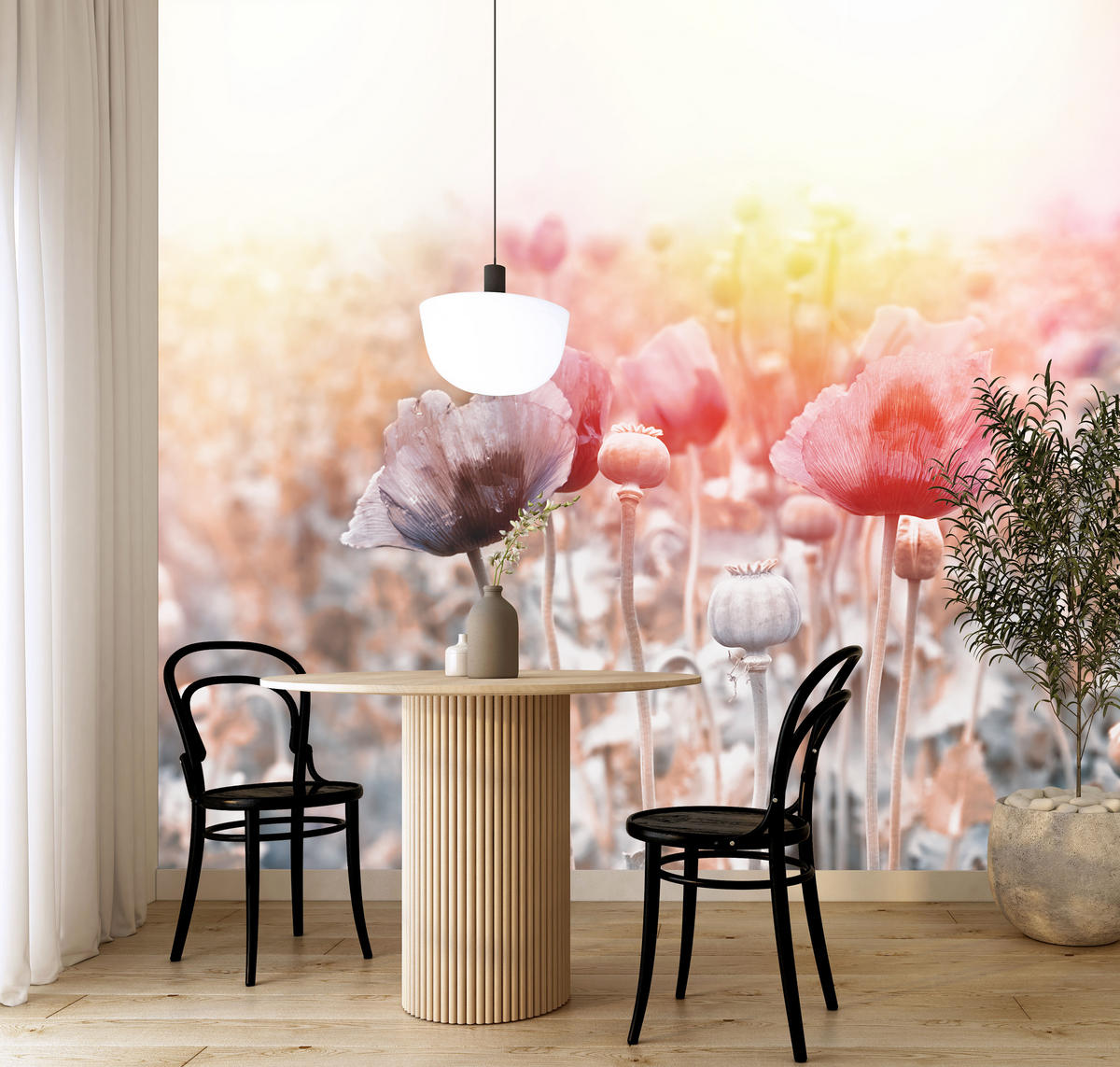 FOTOTAPETE für Wohnzimmer Mohnfeld Wiese Sonnenaufgang Natur 350x256 - Gelb/Rot, Papier (350/256cm) - Muralo