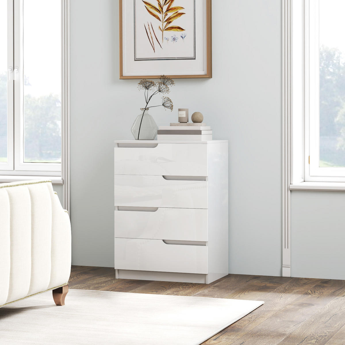 KOMMODE Beistellschrank mit 4 Schubladen, Hochglanzweiß 60 x 40 x 85cm - Weiß, Holzwerkstoff (40/85/60cm) - HOMCOM