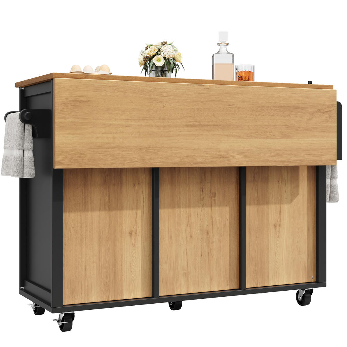 KÜCHENINSEL 137,9/73/92,5 cm schwarz aus MDF/Metall klappbar - Schwarz, Holzwerkstoff (137.9/92.5/73cm) - OKWISH