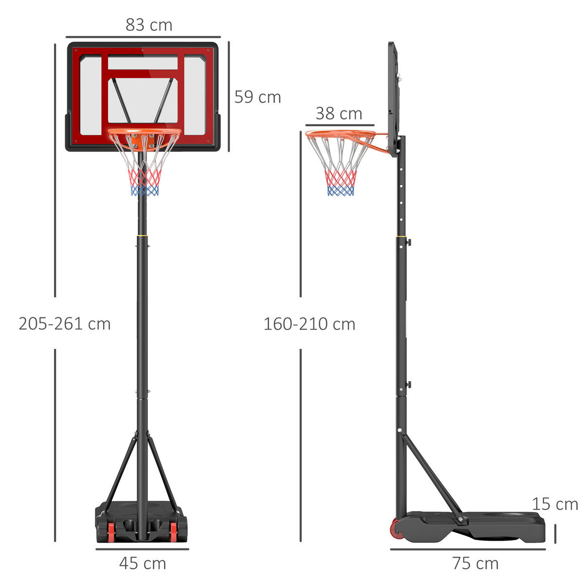 BASKETBALLKORB DE-18522 höhenverstellbar 160-210 cm Schwarz - Schwarz, Metall (45/75cm) - ComfortXL