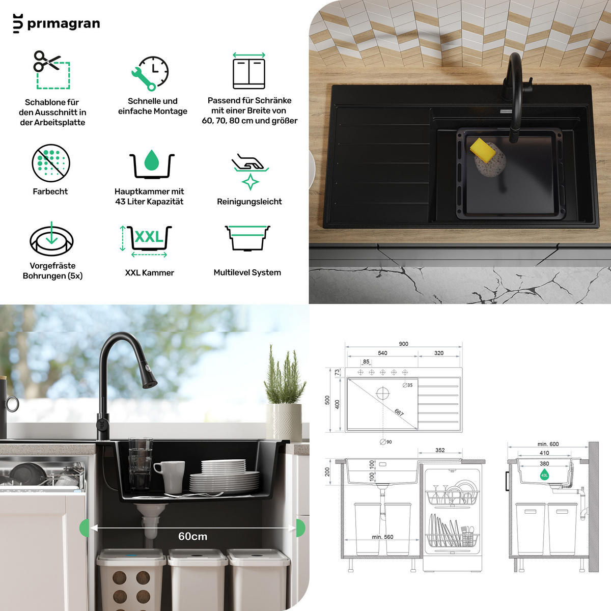 GRANITSPÜLE Sydney, 2-er set Weiß 90/50 cm 1 Becken + Küchenarmatur 32/20 cm + Ablauf-Set + Küchenzubehörset ab 60er Unterschrank - Chromfarben/Beige, Kunststoff (90/20/50cm) - Primagran