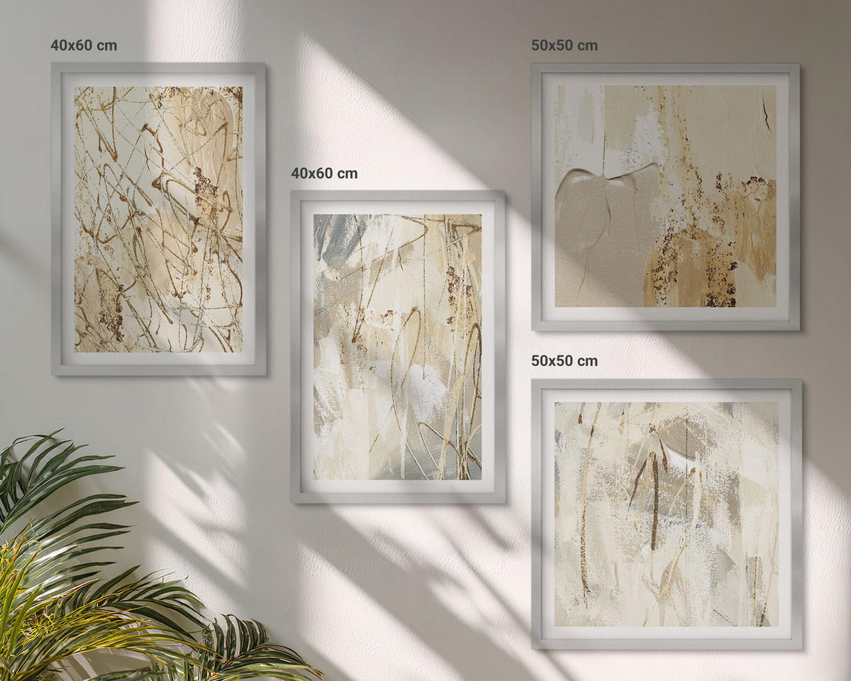 BILDER SET 4er Set - 50x50 cm & 40x60 cm Silberner Rahmen - Beige abstrakte Formen Linien - Silberfarben, Kunststoff (50/50cm) - TULUP