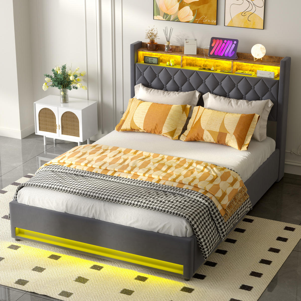 POLSTERBETT 160/200 cm in Grau Samt mit Bettkasten, LED-Beleuchtung und USB-Anschluss - Grau, Holzwerkstoff/Textil (160/200cm) - CHICFURN