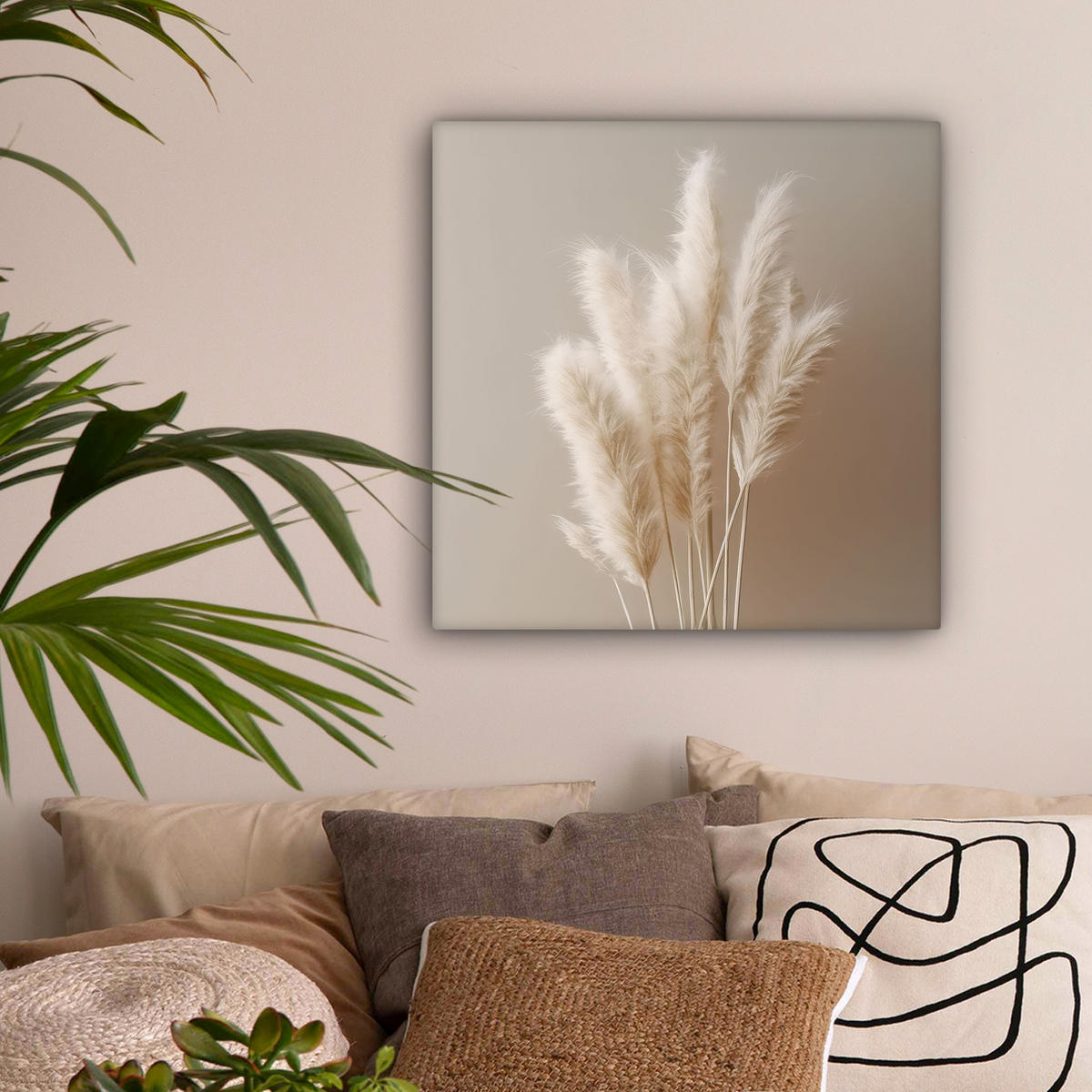 LEINWANDBILD Pampasgras - Federn - Pastell - Weiß Wandbild Wohnzimmer 50x50 cm - Naturfarben, Textil (50/50cm) - MuchoWow