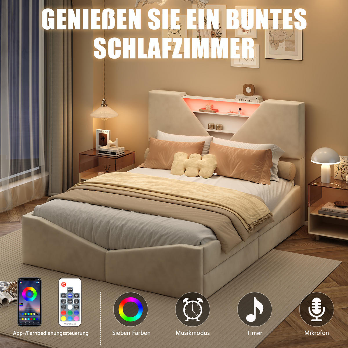 POLSTERBETT 140x190 cm mit 2 Schubladen, LED & USB, Doppelbett mit Kopfteil Stauraum, Beige - Beige, Metall (140/190cm) - EuroLiving