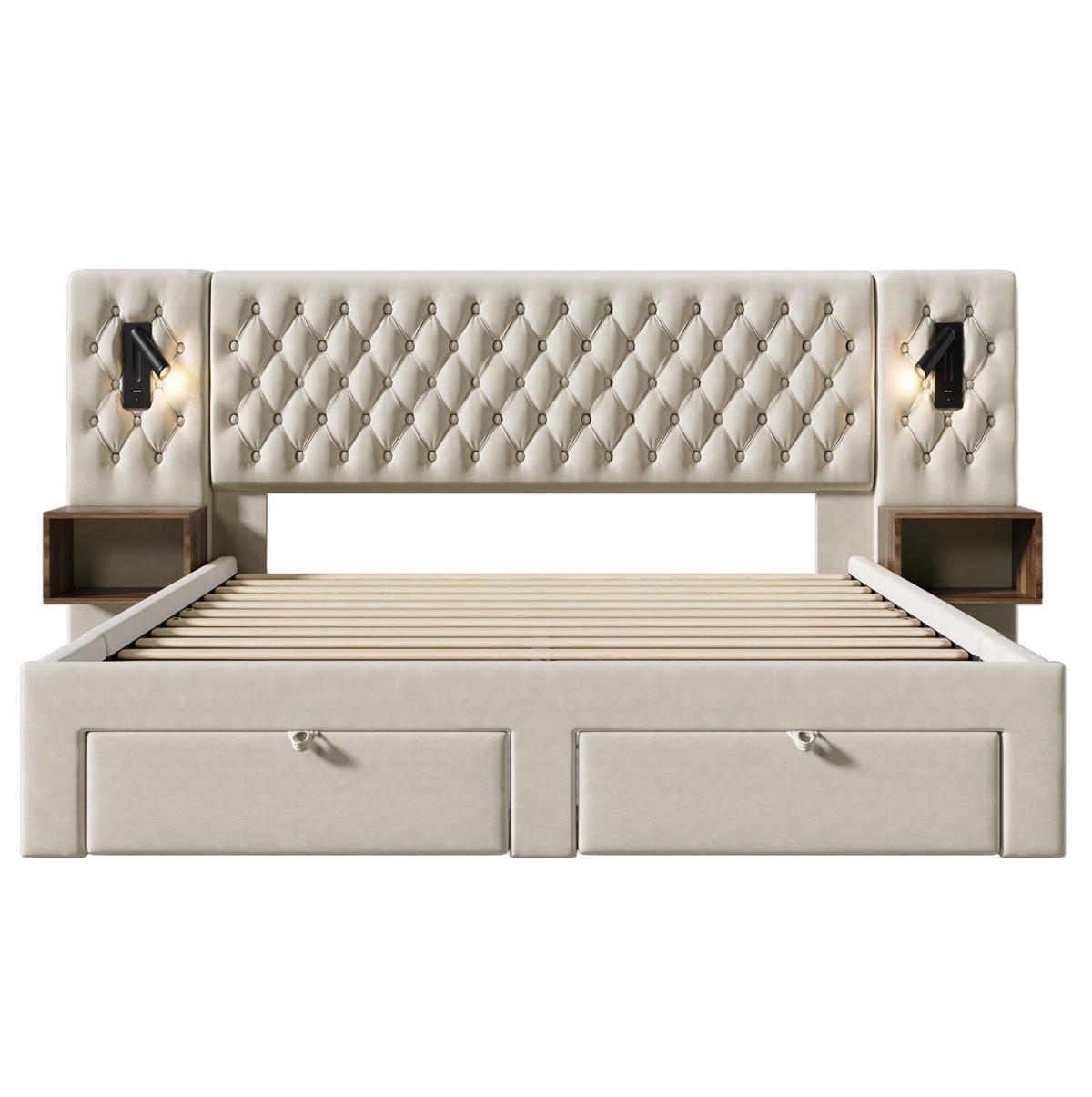 BETTANLAGE mit 2 Nachttischen und 4 Schubladen 160x200 cm Samt Beige - Beige, Metall (160/200cm) - Meubliv
