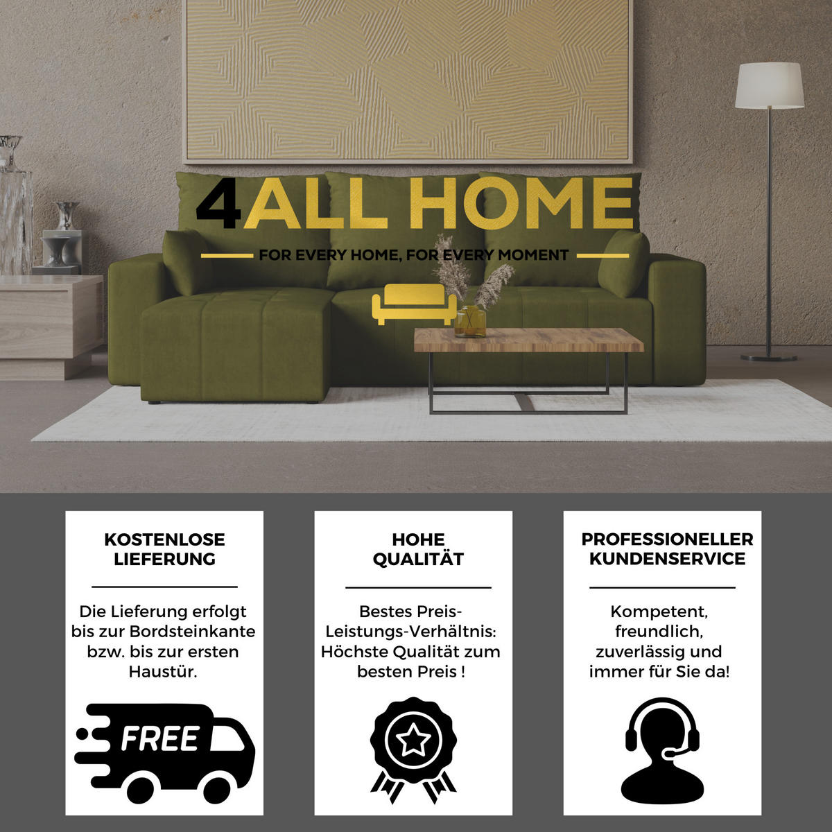 ECKSOFA Tico mit Bettkasten und Schlaffunktion, L-Form/XL-Form, Velourstoff, Universal - Olivgrün, Holzwerkstoff (246/145cm) - 4ALL HOME