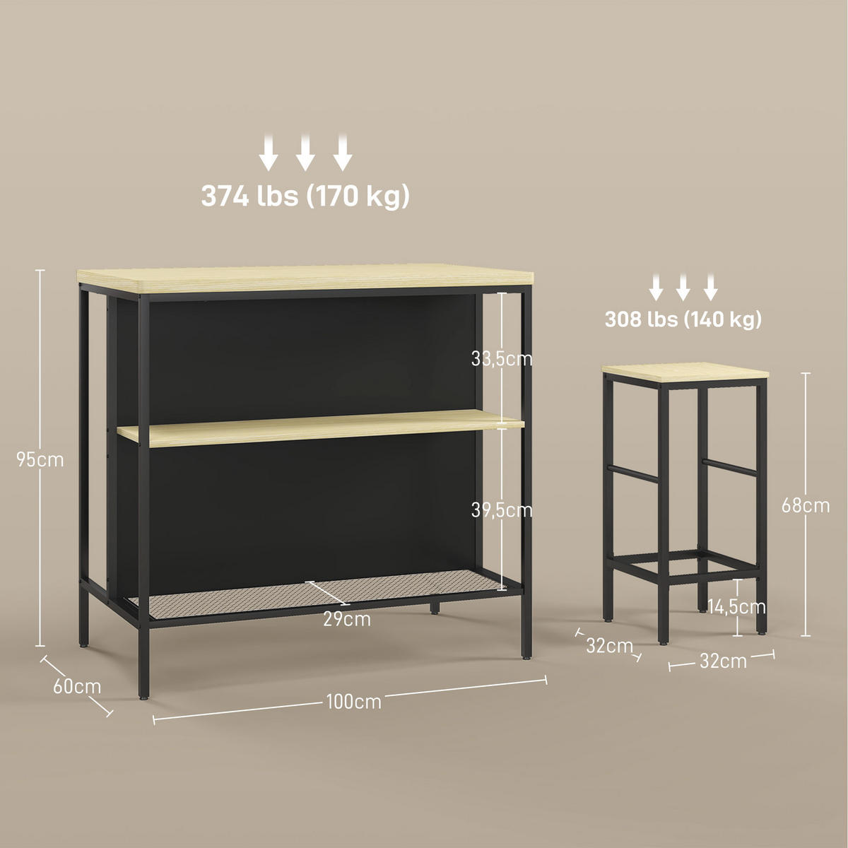 BARTISCH mit Barhocker Set 3-tlg. Bartisch-Set inkl. Küchentisch mit 2 Barhocker - Eichefarben, Kunststoff (60/95/100cm) - HOMCOM