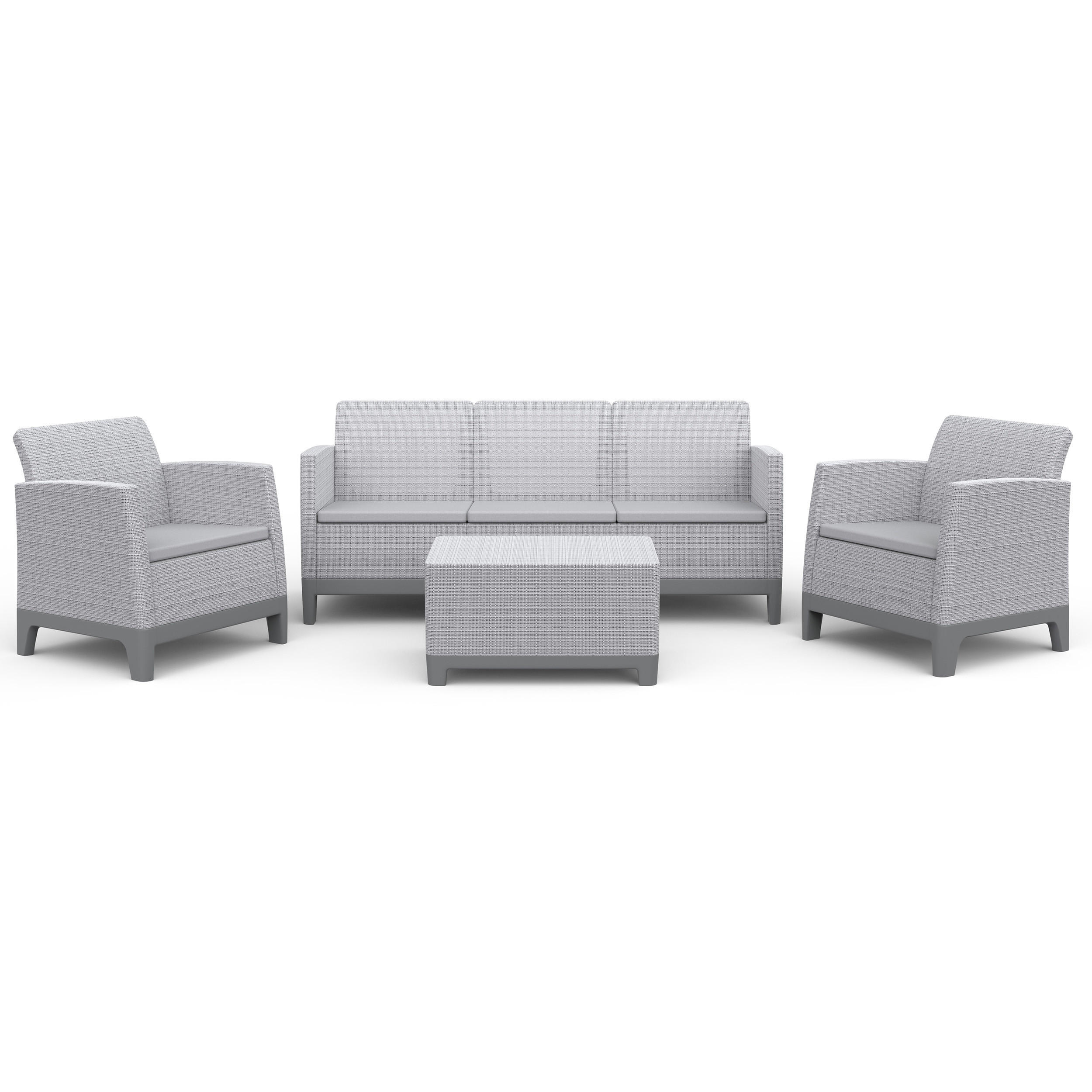Beautysofa ZAHRADNÍ SADA Norrin z polypropylenu, 3místná pohovka, 2 křesla a stolek, pro 5 osob, šedá