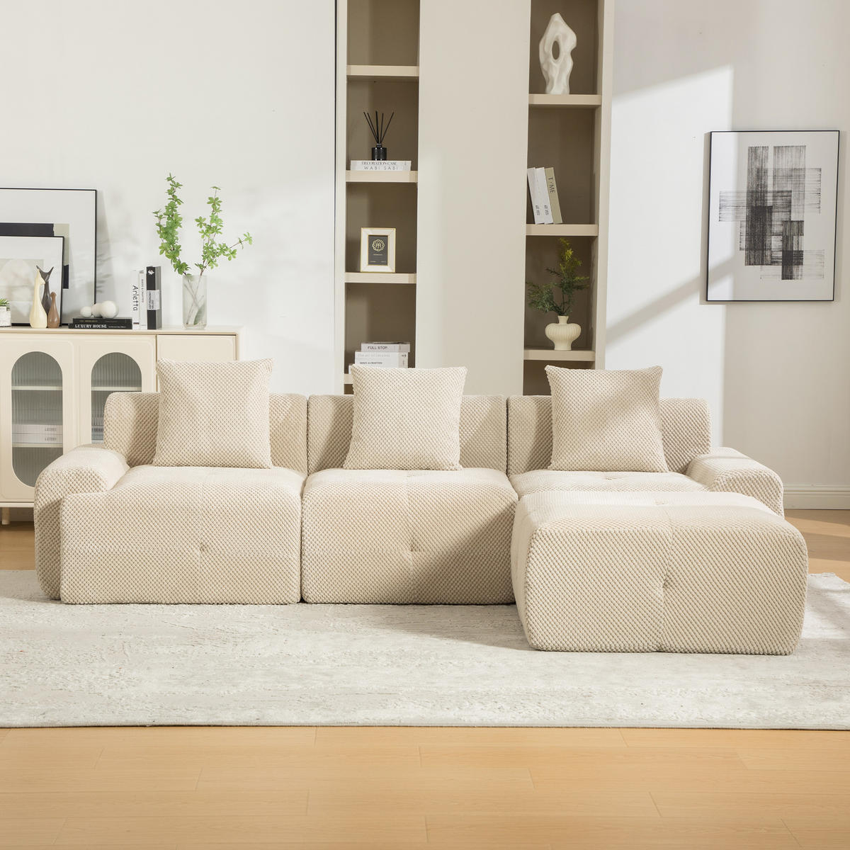 ECKSOFA Chenille Hellkhaki mit Kissen - Hellbraun, Textil (266/176cm) - WISHDOR