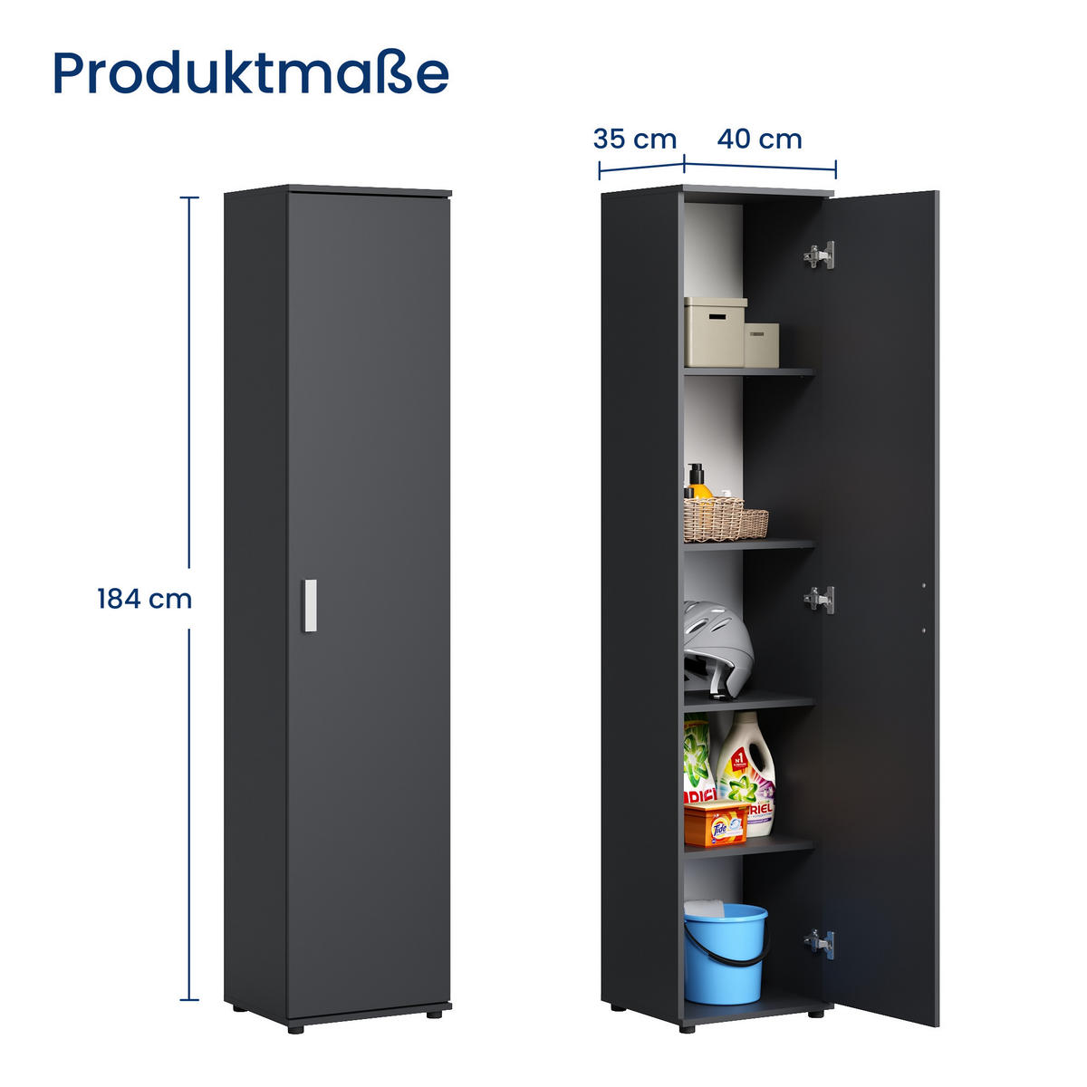 MEHRZWECKSCHRANK mit 1 Tür & 4 Einlegeböden in Anthrazit - Anthrazit, Holzwerkstoff (40/184/35cm) - Home Collective