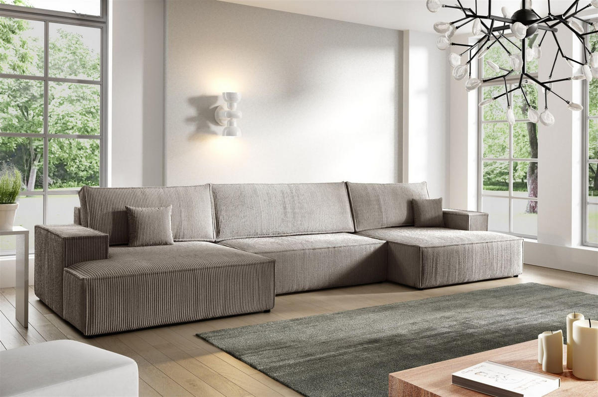WOHNLANDSCHAFT Corunia - Hellbraun, Holzwerkstoff/Textil (398/70/148cm) - Fun Möbel