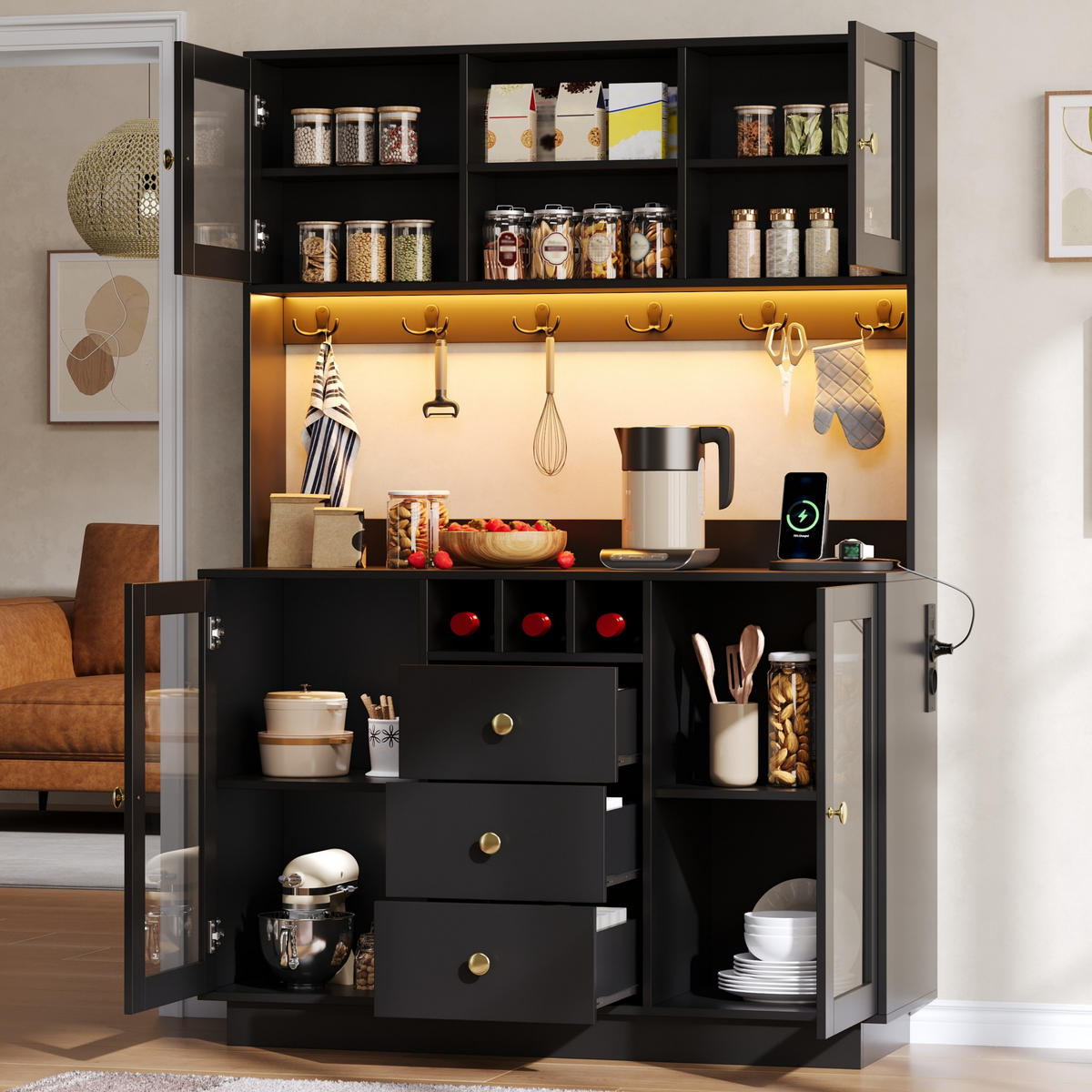 BUFFET DE-38726 120/40/170 cm LED-Beleuchtung und 3 Schubladen Schwarz/Gold - Schwarz, Holzwerkstoff (120/170/40cm) - ComfortXL