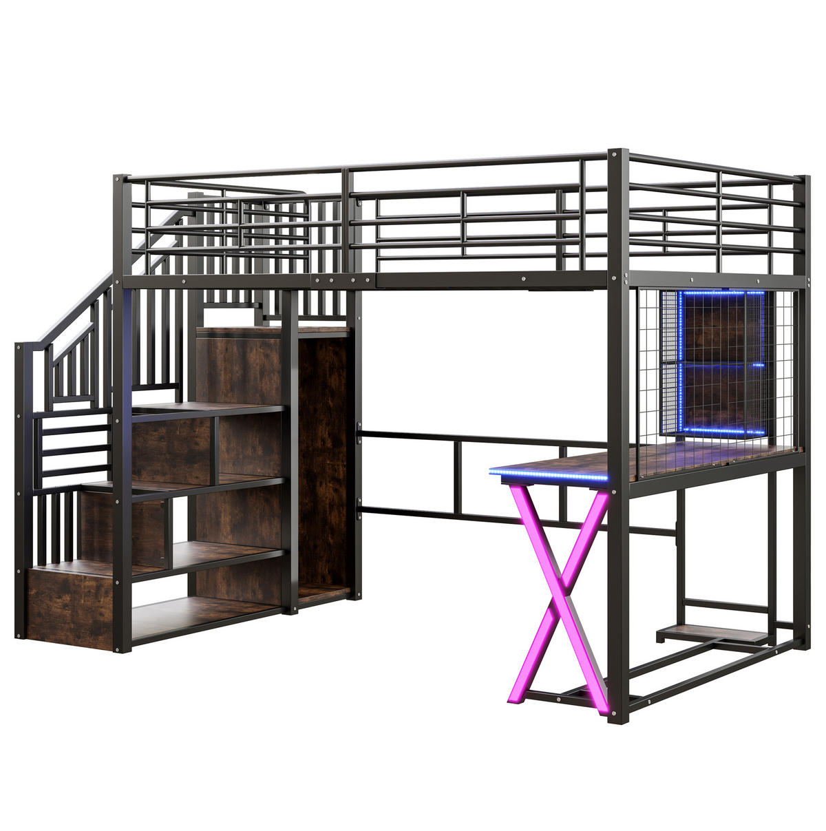 HOCHBETT 140/200 cm Schwarz mit LED-Beleuchtung, Ablageleiter, Schreibtisch, Kleiderschrank und Regalen - Schwarz, Metall (140/200cm) - OKMYHOME