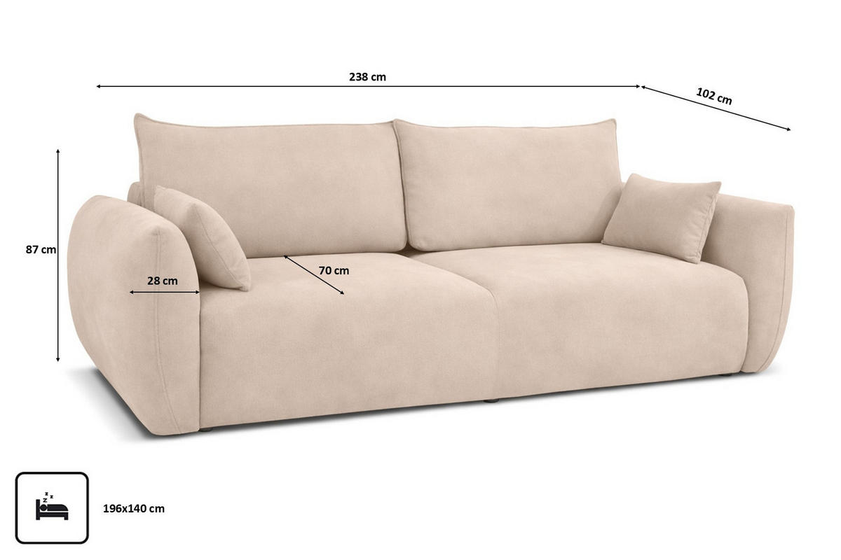 SOFA Mit Schlaffunktion Und Bettkasten, Veloursstoff Salvador, Beige, Zephira - Beige, Holz (238/87/102cm) - Kaiser Möbel