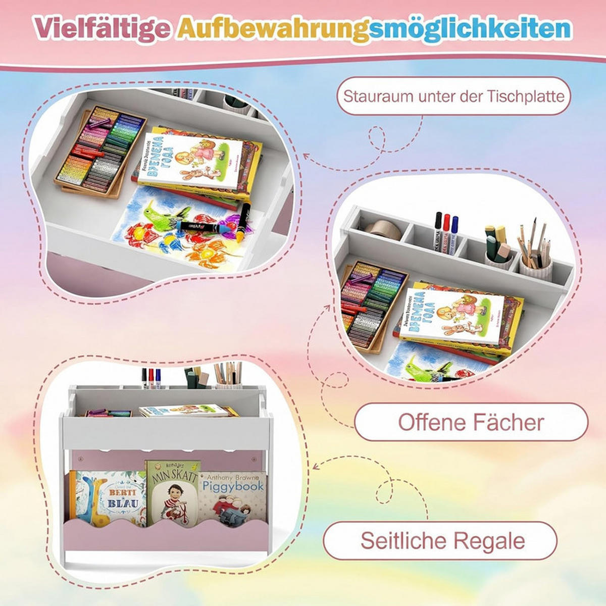 KINDERTISCH mit Stuhl rosa(3-tlg) - Pink, Holzwerkstoff (66/48/64cm) - COSTWAY