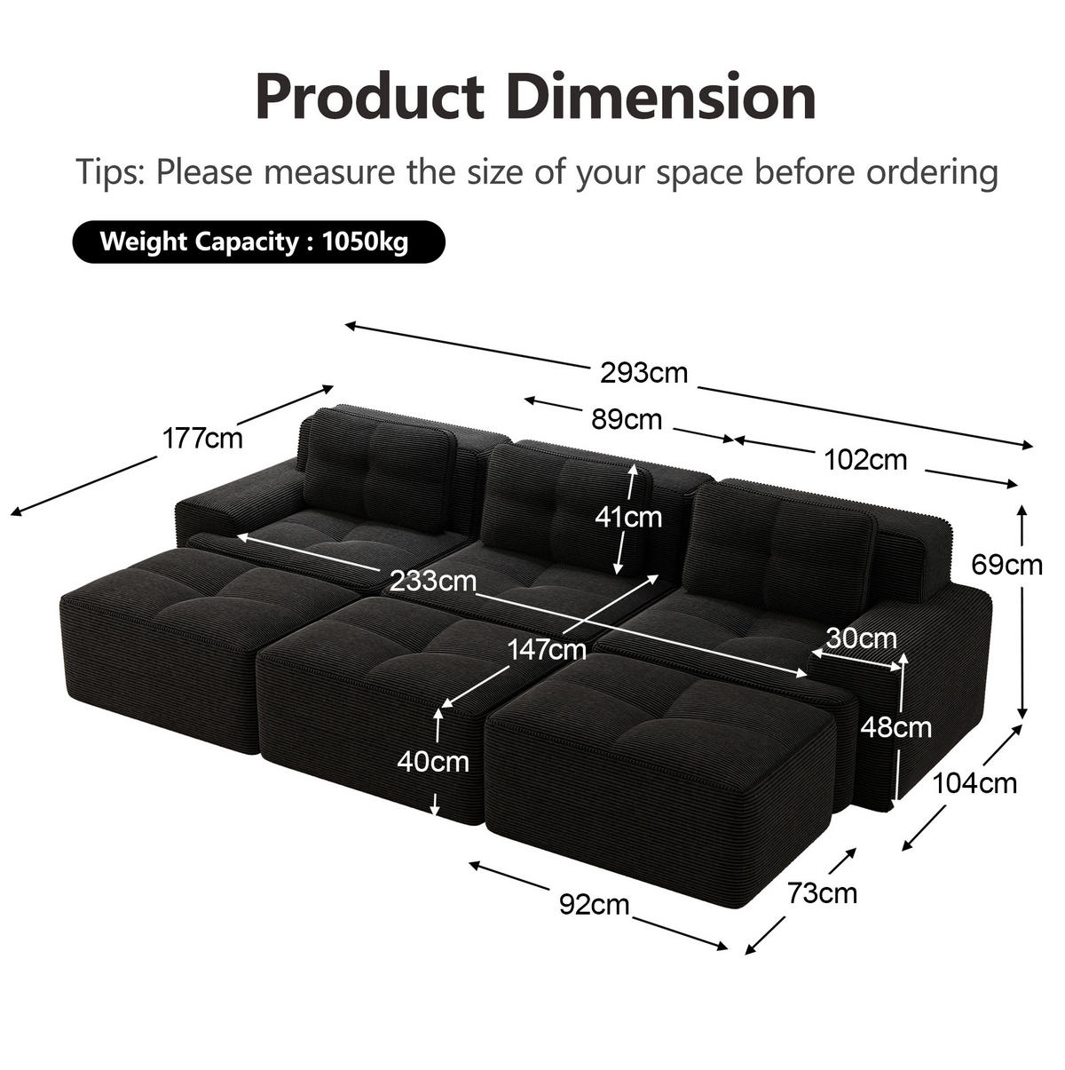 SOFA modular mit Schlaffunktion 74 cm Tiefsitz Cord Black - Schwarz, Kunststoff (177/69/293.2cm) - Meubliv
