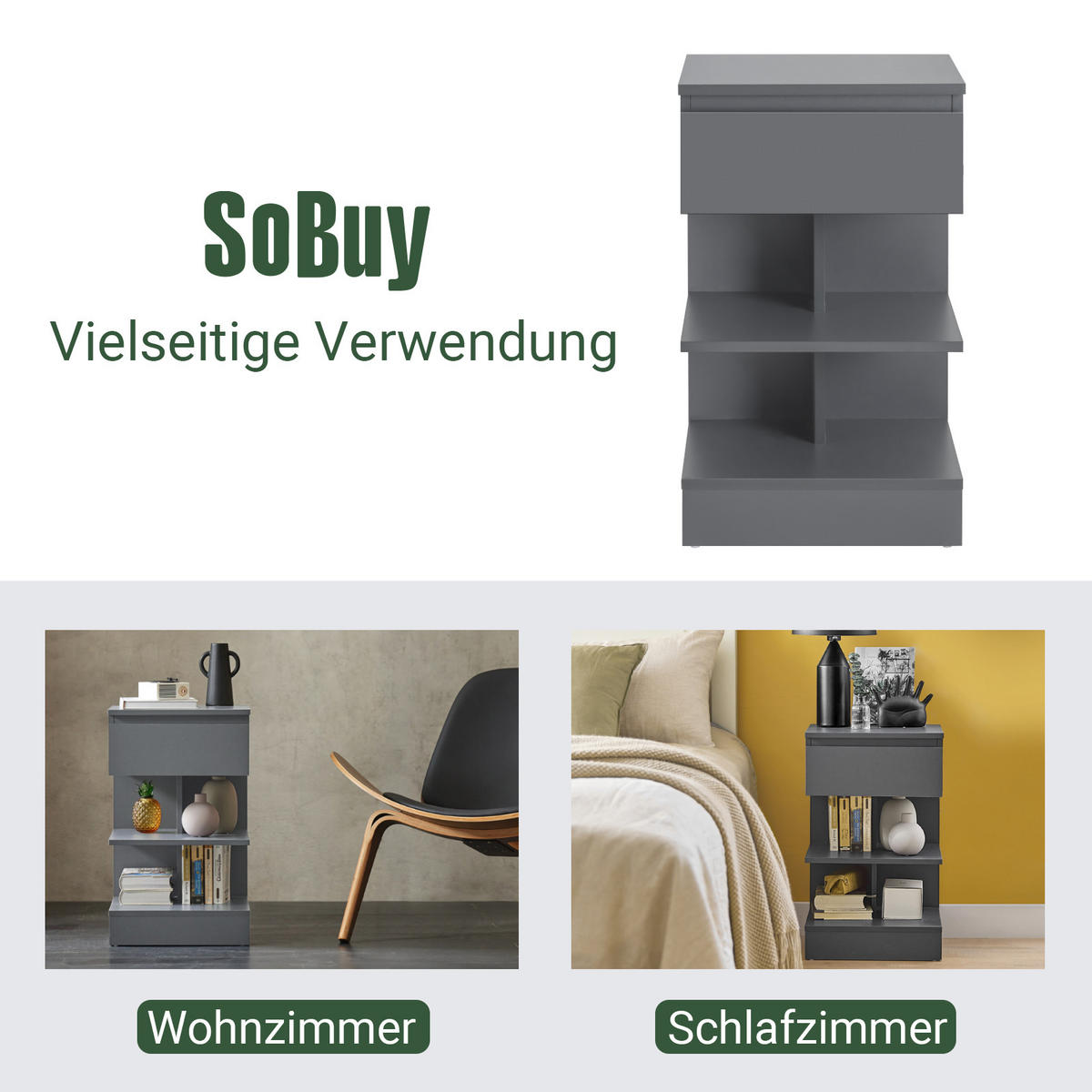 NACHTTISCH Grau - Hellgrau, Holzwerkstoff (39/39/65cm) - SoBuy