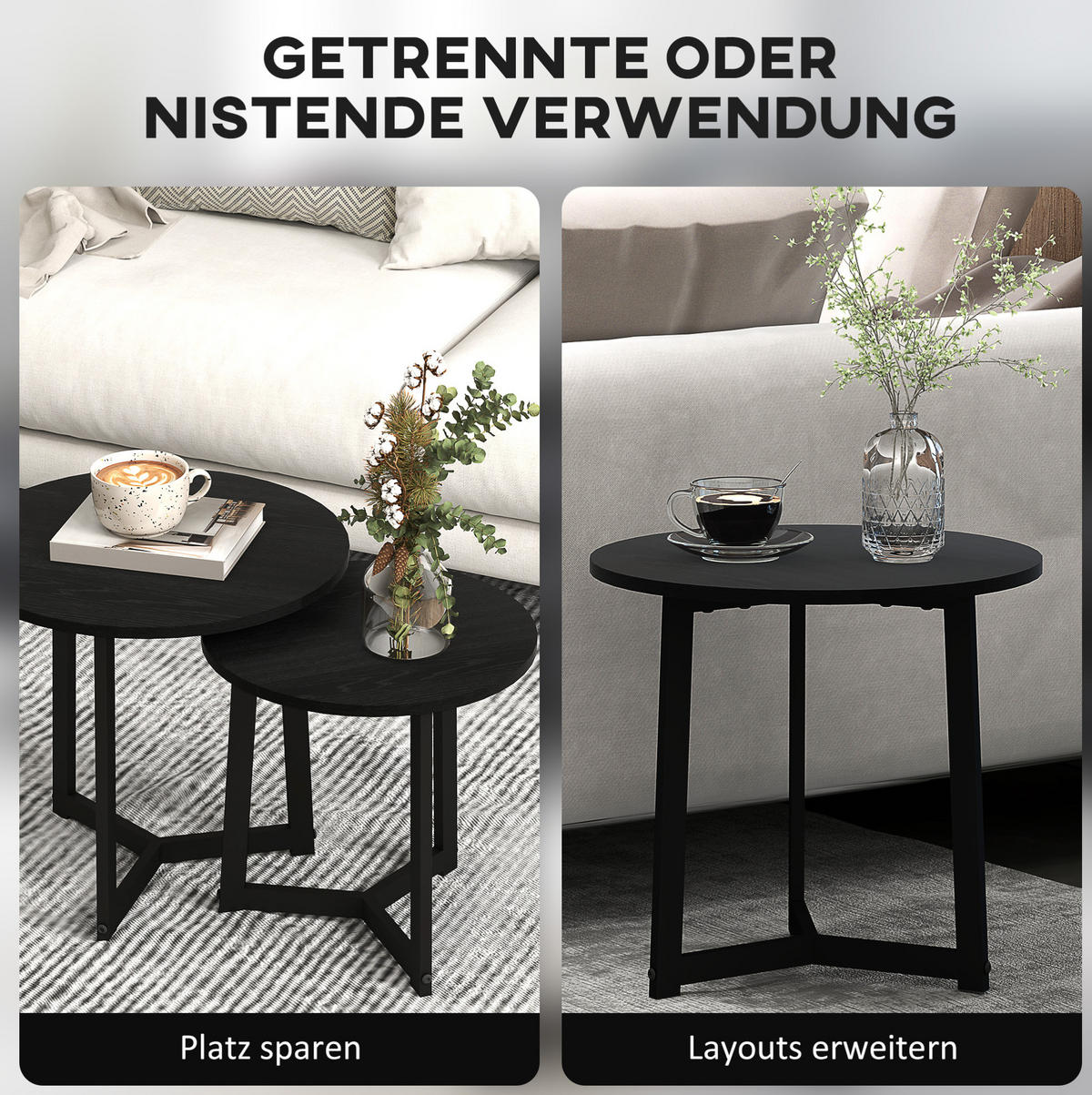 COUCHTISCH-SET 48/48/45 und 40/40/40 cm aus Stahl, ineinanderschiebbar und vielseitig nutzbar, Schwarz - Schwarz, Metall (48/48/45cm) - Modfu