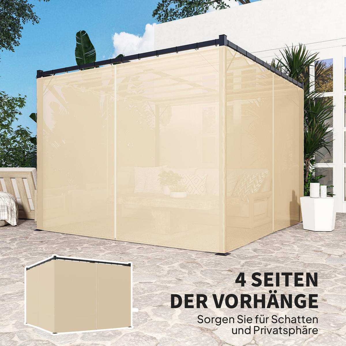 PERGOLA mit Schiebedach, 4 Seitenwände Beige 3 x 3 m - Beige, Textil/Metall (300/227/300cm) - Outsunny