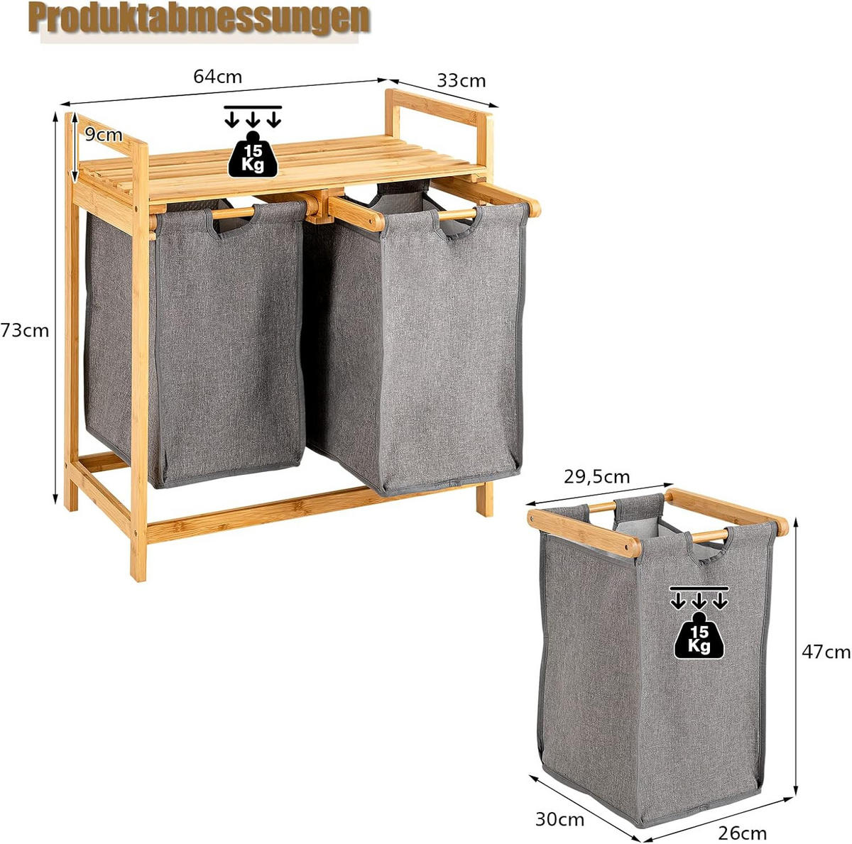 KOŠ NA PRÁDLO Drevo - farba jablone, prírodné materiály (33/64/73cm) - COSTWAY