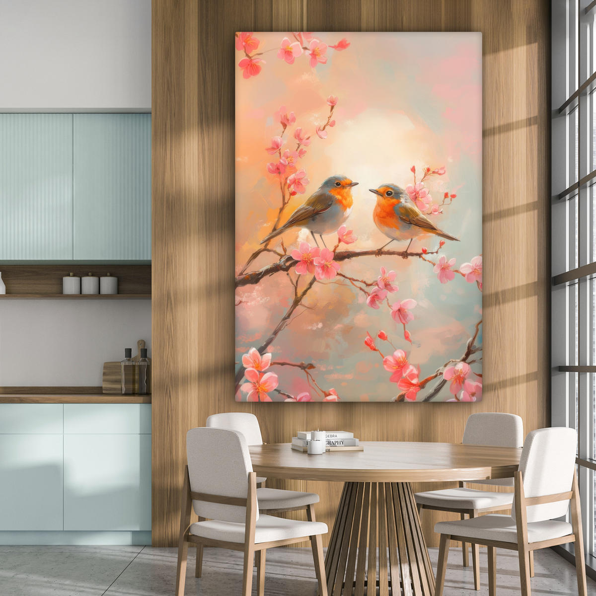 LEINWANDBILD Rotkehlchen - Zierpflanze - Blütenzweig 90x140 cm - Hellrosa, Textil (90/140cm) - MuchoWow