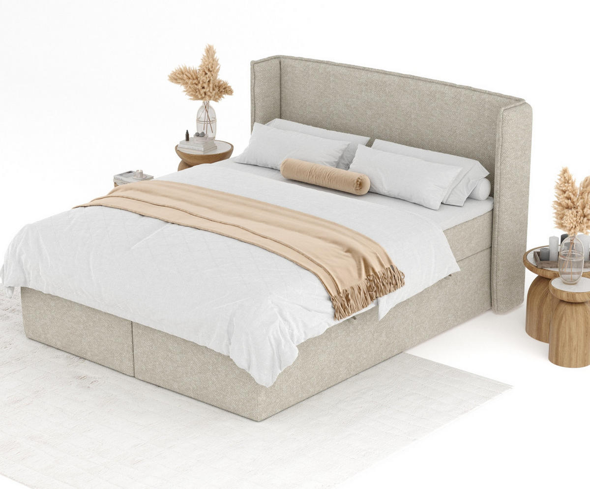 BOXBETT Skyline Beige Grau 140/200 cm mit Matratze und Topper - Beige/Schwarz, Holz/Holzwerkstoff (140/200cm) - Maison de Reve