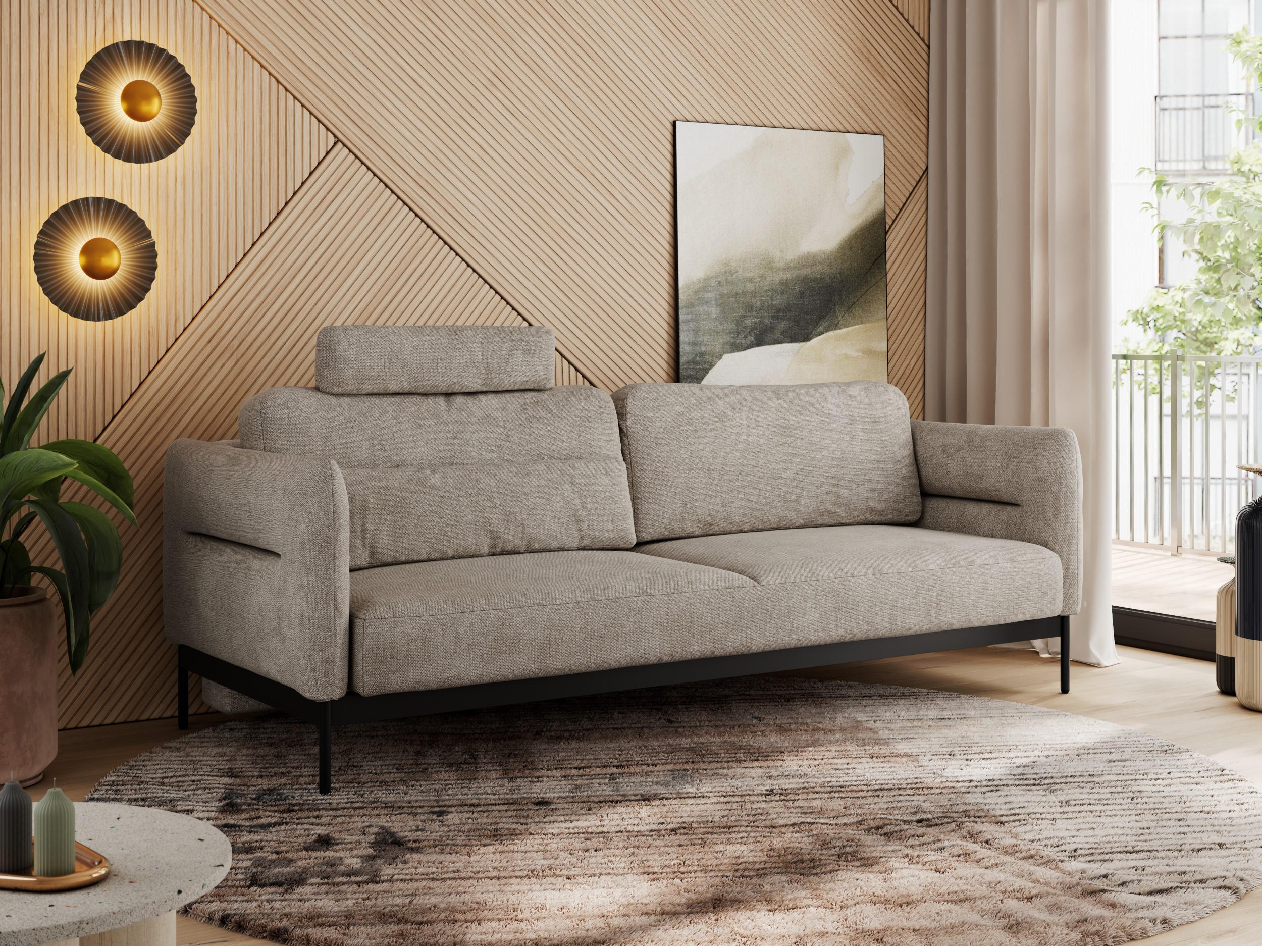 SOFA SALENTO Beige Struktur - Beige/Schwarz, Textil/Metall (221/82/101cm) - MKS