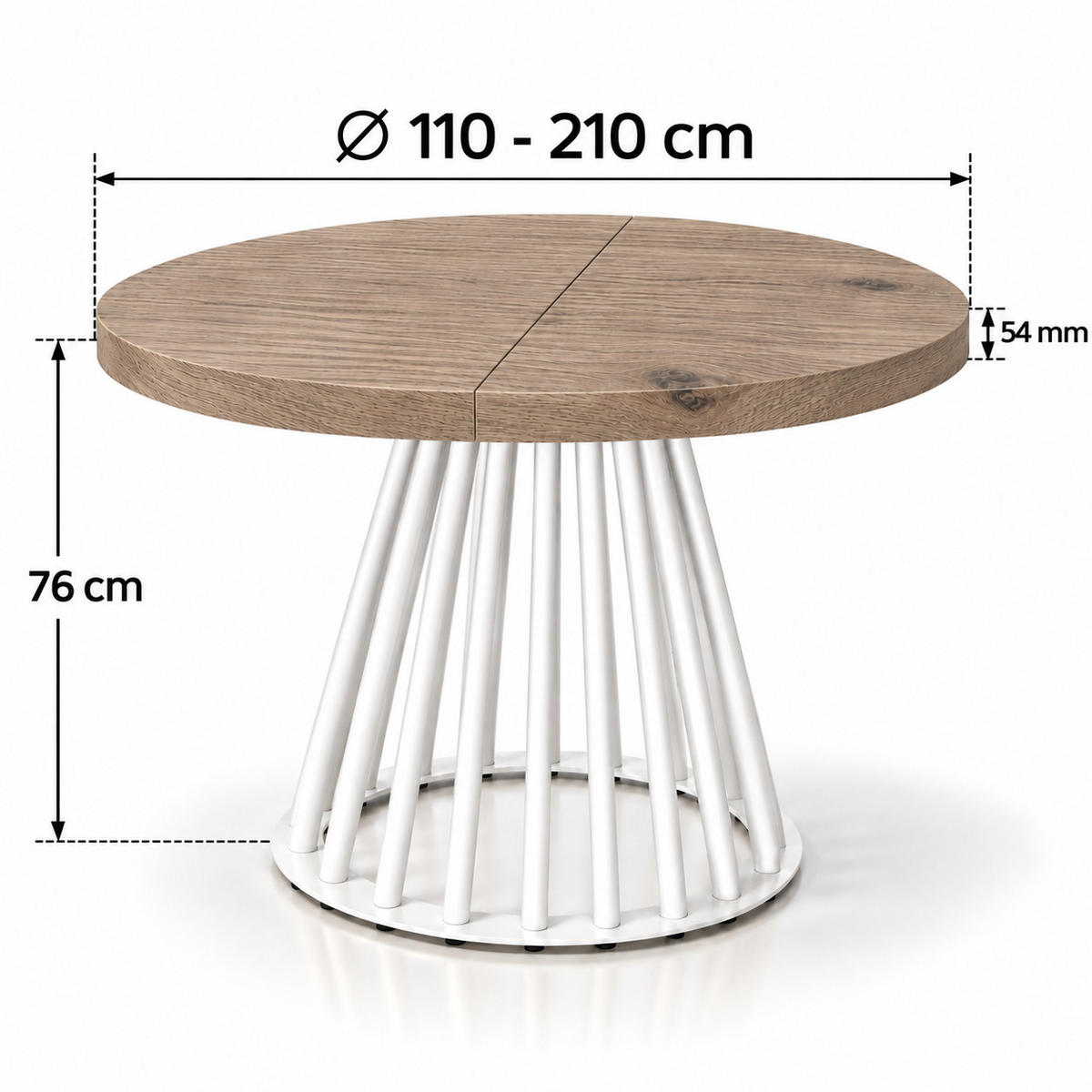 ESSTISCH rund ausziehbar 110/210/76 cm, Braun Eiche Halifax Egger, 54 cm Tischplatte + Lamellen-Metallgestell Weiß - Eichefarben/Graubraun, Holzwerkstoff/Metall (110/210/76cm) - Damale Möbel