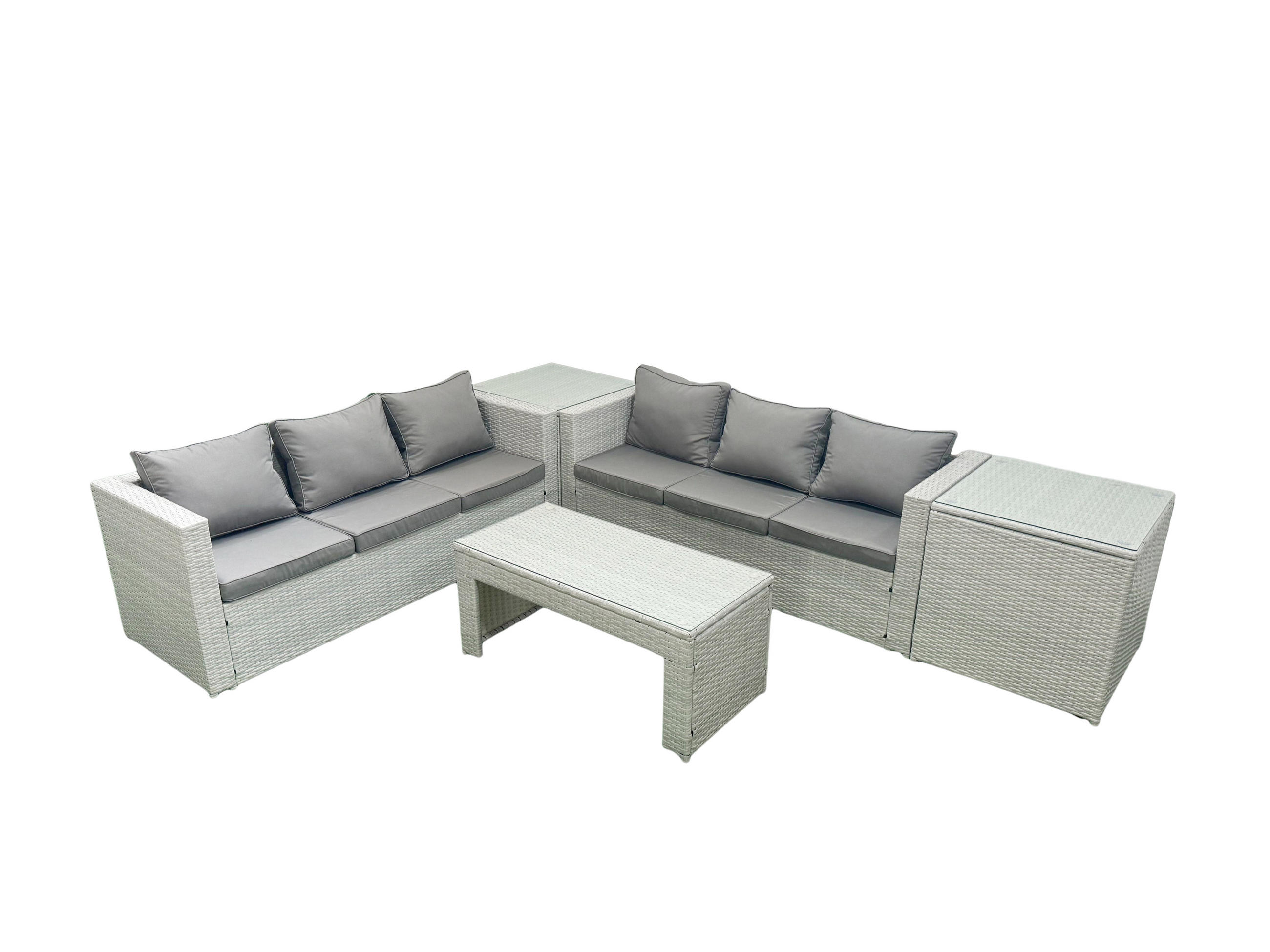GARTENSOFA hohe Rückenlehne Polyrattan Hellgrau-Mix 6-Sitzer - Hellgrau/Grau, Glas/Kunststoff - Fimous