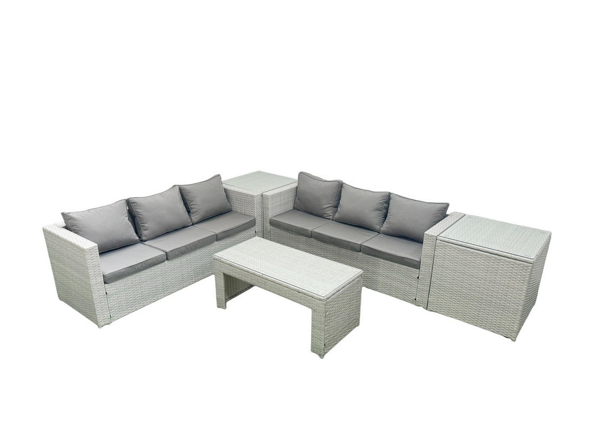 GARTENSOFA hohe Rückenlehne Polyrattan Hellgrau-Mix 6-Sitzer - Hellgrau/Grau, Glas/Kunststoff - Fimous