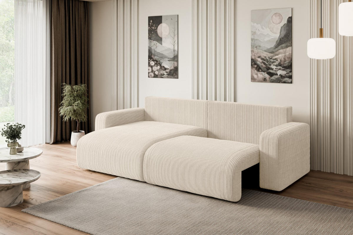 ECKSOFA mit Schlaffunktion und Bettkasten KLEEA-L - 247x143x83 cm Beige Cord - Beige/Schwarz, Holzwerkstoff/Kunststoff (247/143cm) - ALTDECOR