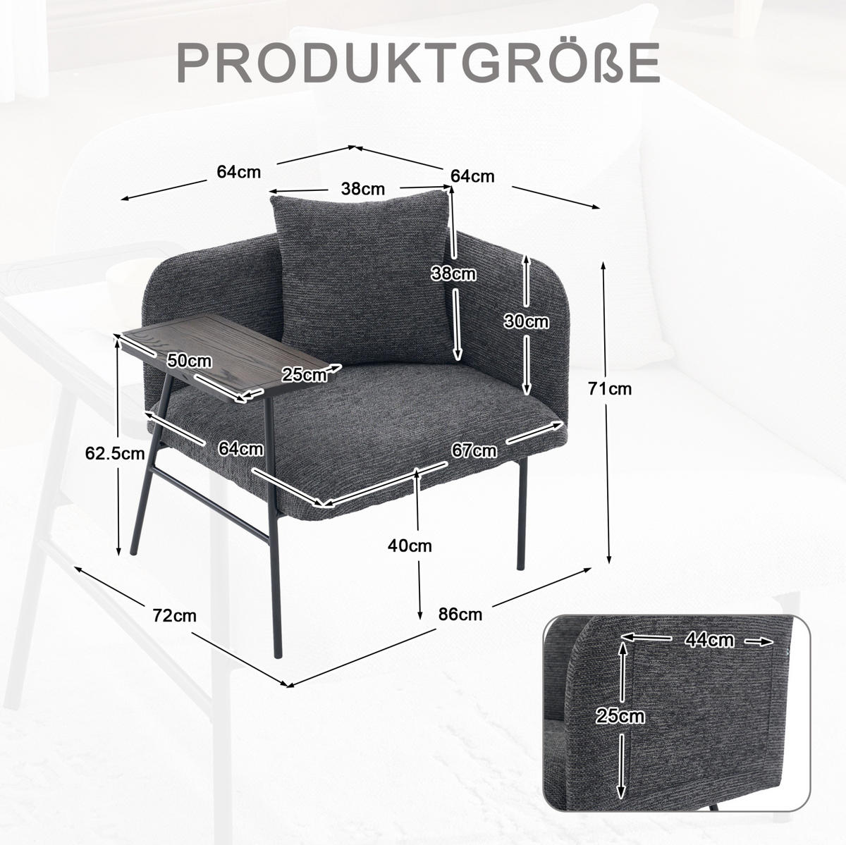 SESSEL 86/72/71 cm dunkelgrau aus Chenille mit Beistelltisch - Dunkelgrau, Textil (72/71/86cm) - OKWISH