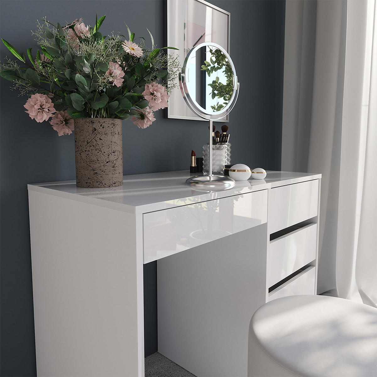 SCHMINKTISCH Sherry Weiß/Weiß Hochglanz 89.8 cm mit Hocker - Weiß Hochglanz, Holzwerkstoff (50.1cm) - Vicco