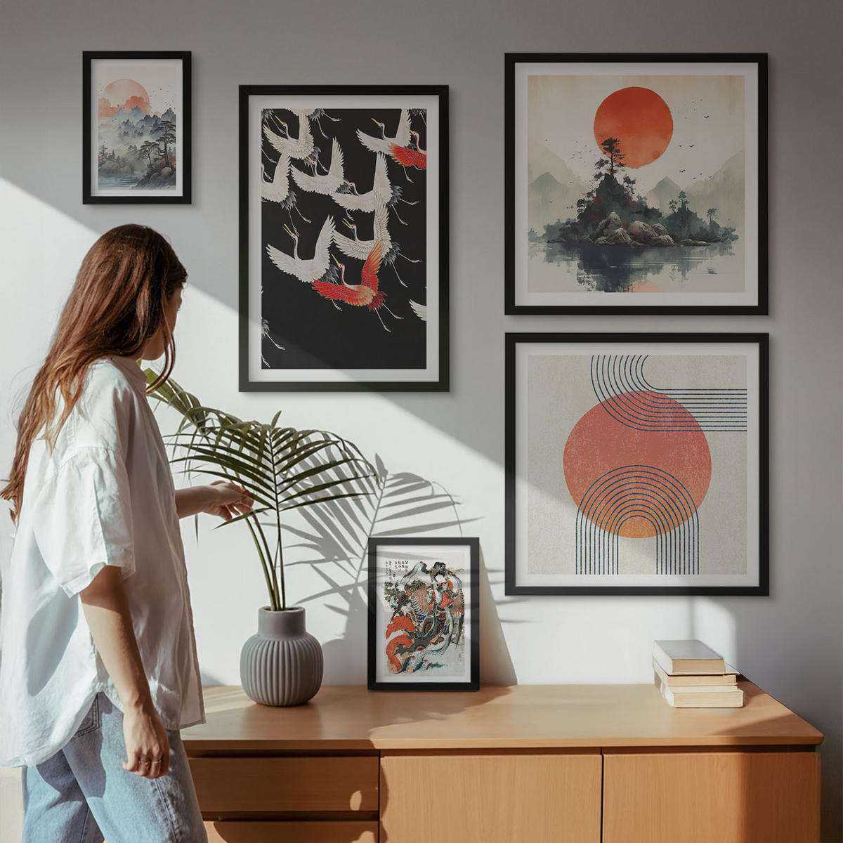 WANDBILDER 5er-Set - 50x50 cm & 20x30 cm & 40x60 cm Schwarzer Rahmen - Asiatische Landschaften Japandi - Schwarz, Kunststoff (40/60cm) - ArtPrintCave