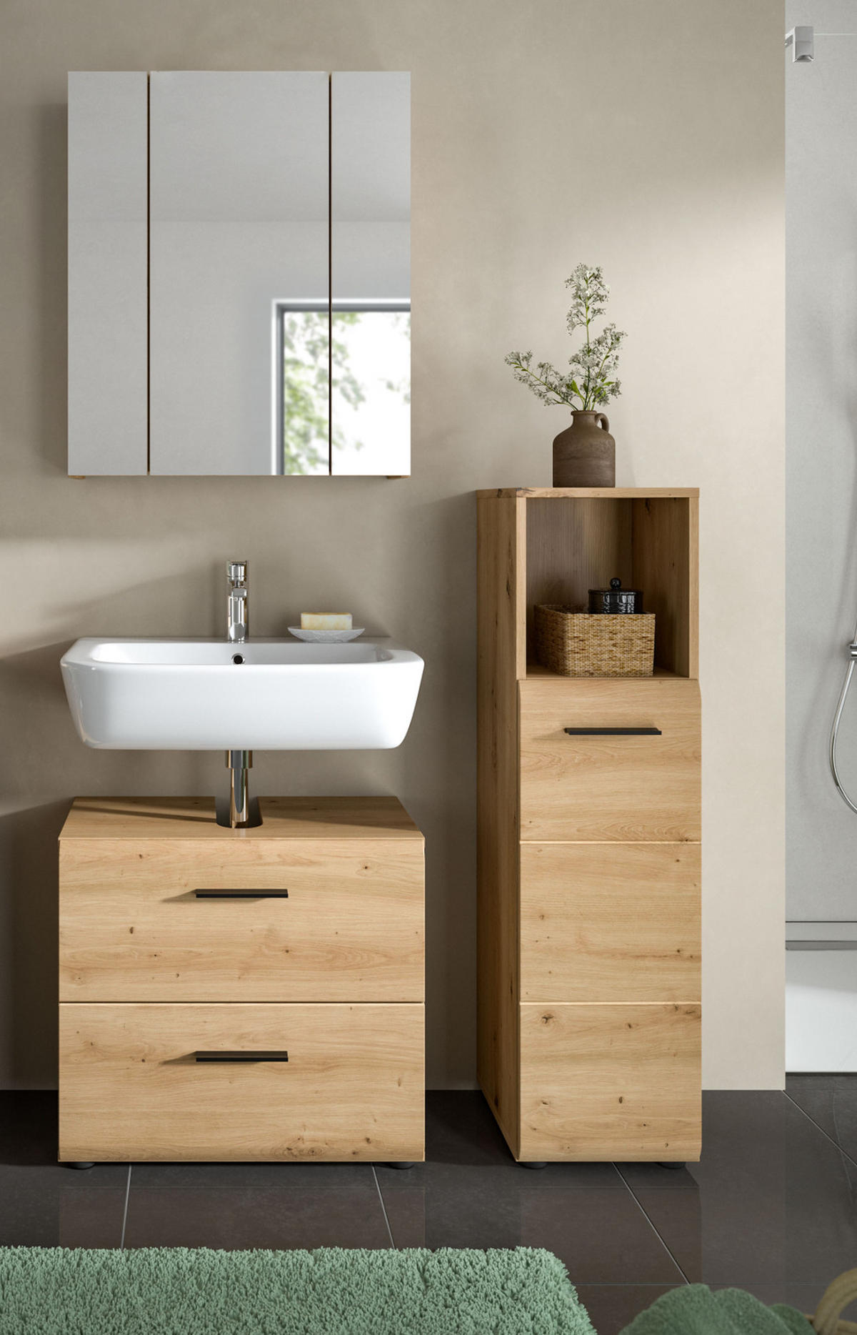 BADMÖBEL Set Eiche Artisan 3-teilig, Badkombination 105 cm, modernes Design, Cover - Schwarz/Eiche Artisan, Glas/Holzwerkstoff (105/185/30cm) - Inn.Furn