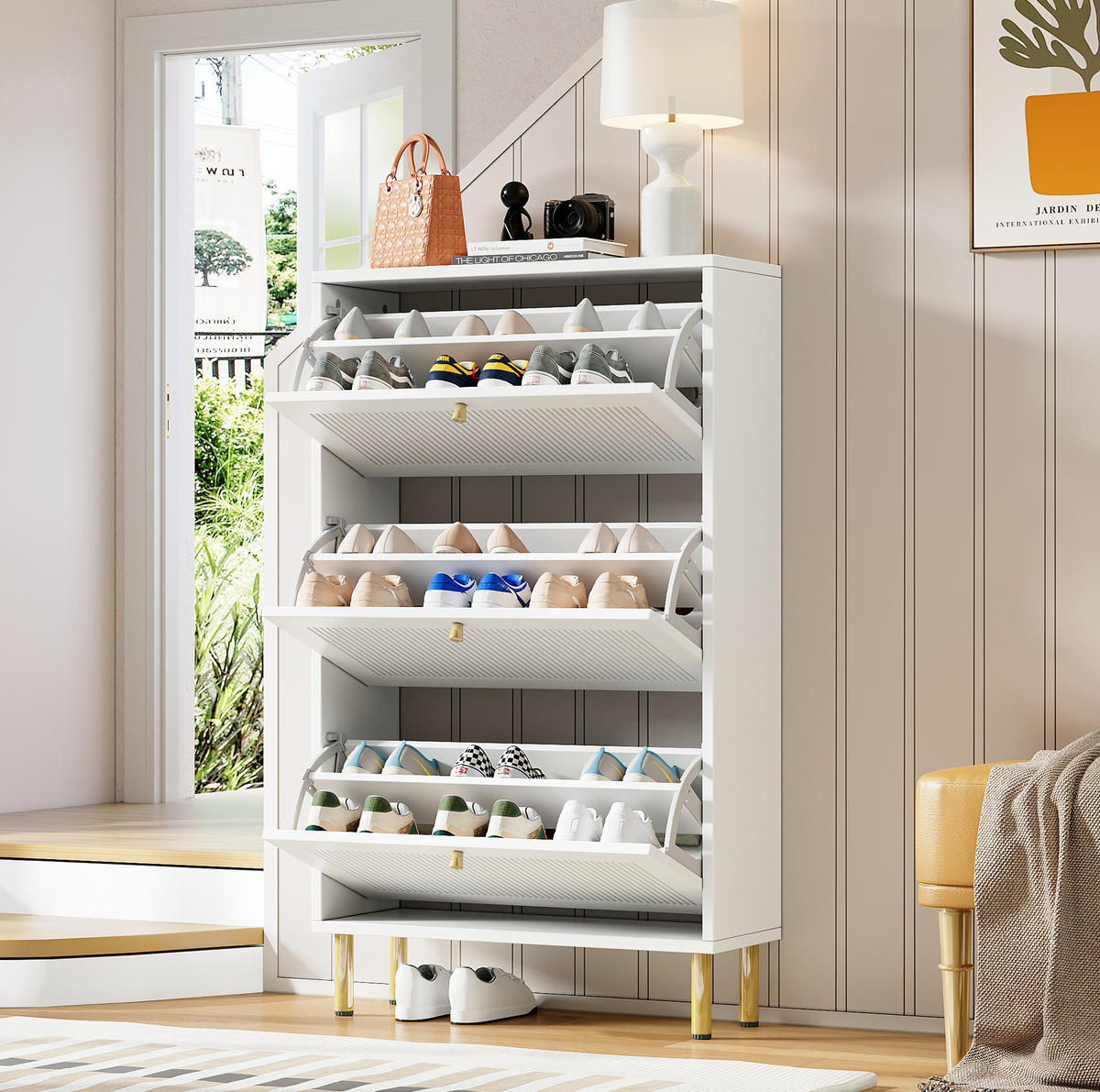 SCHUHSCHRANK aus MDF & Spanplatte 73x23x125cm in Weiß mit 3 Klapptüren - Weiß, Holzwerkstoff (73/125/23cm) - Modfu